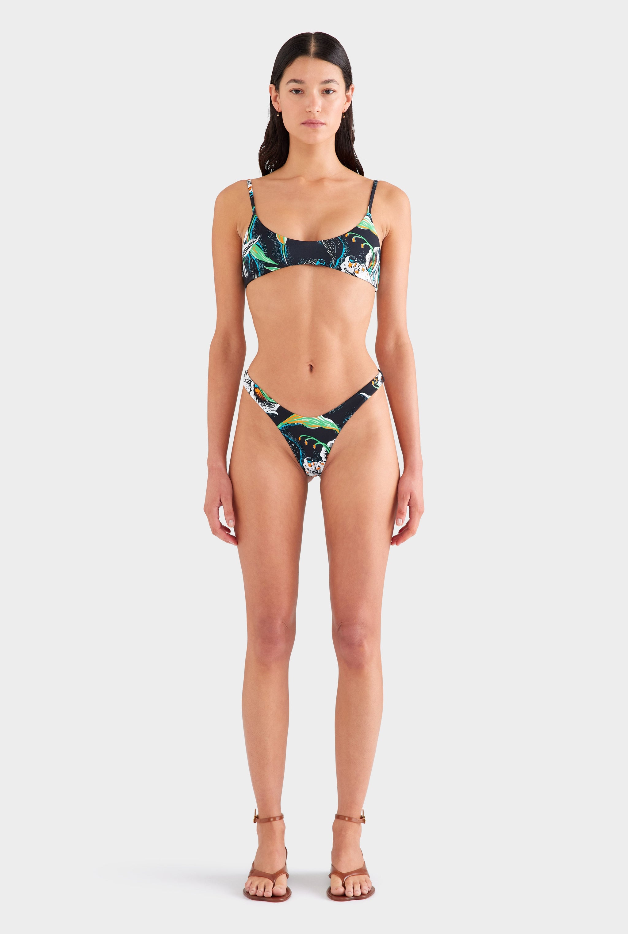 Scoop Neck Bikini Top - Black/White Lily