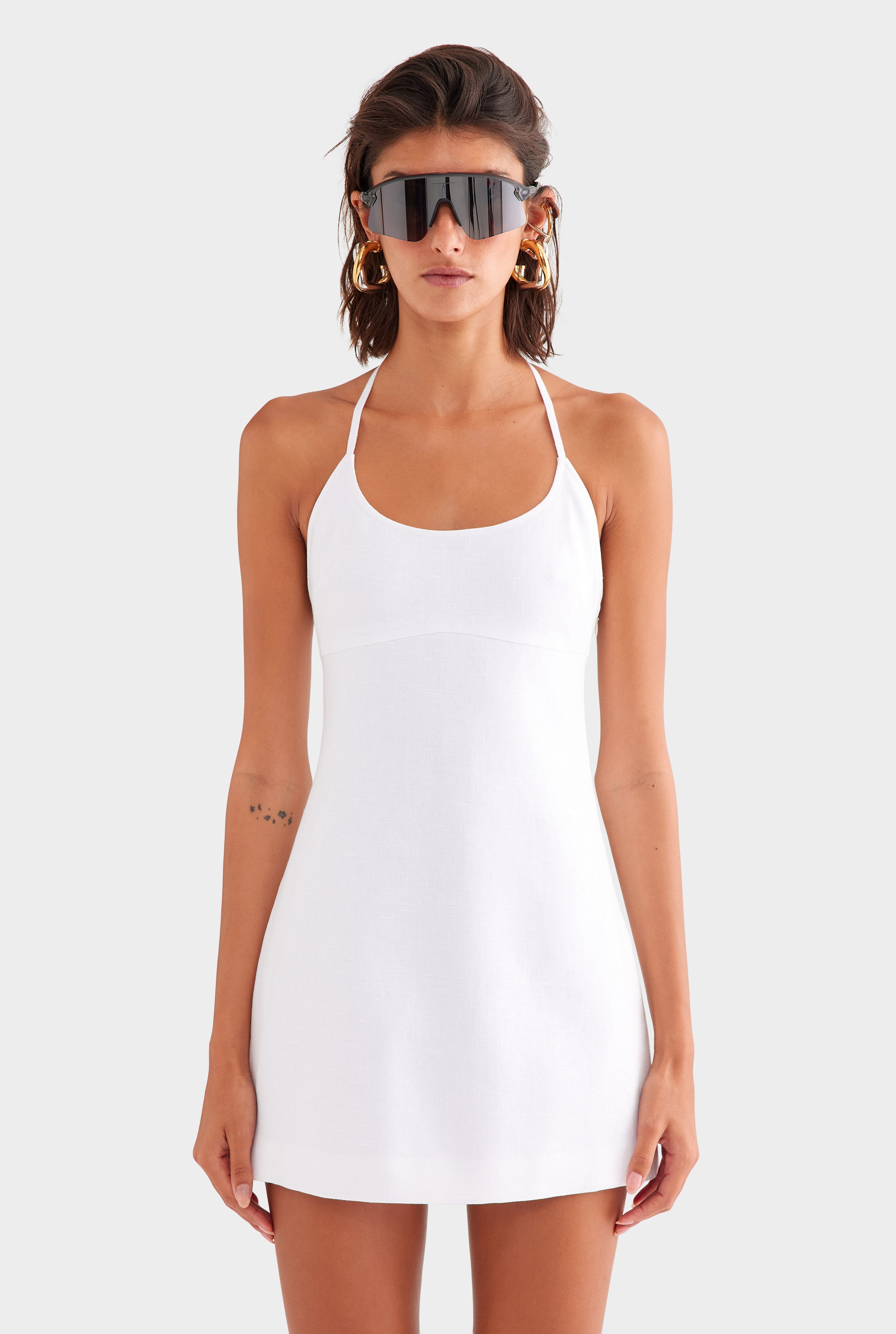 Scoop Neck Linen Halter Mini Dress - White
