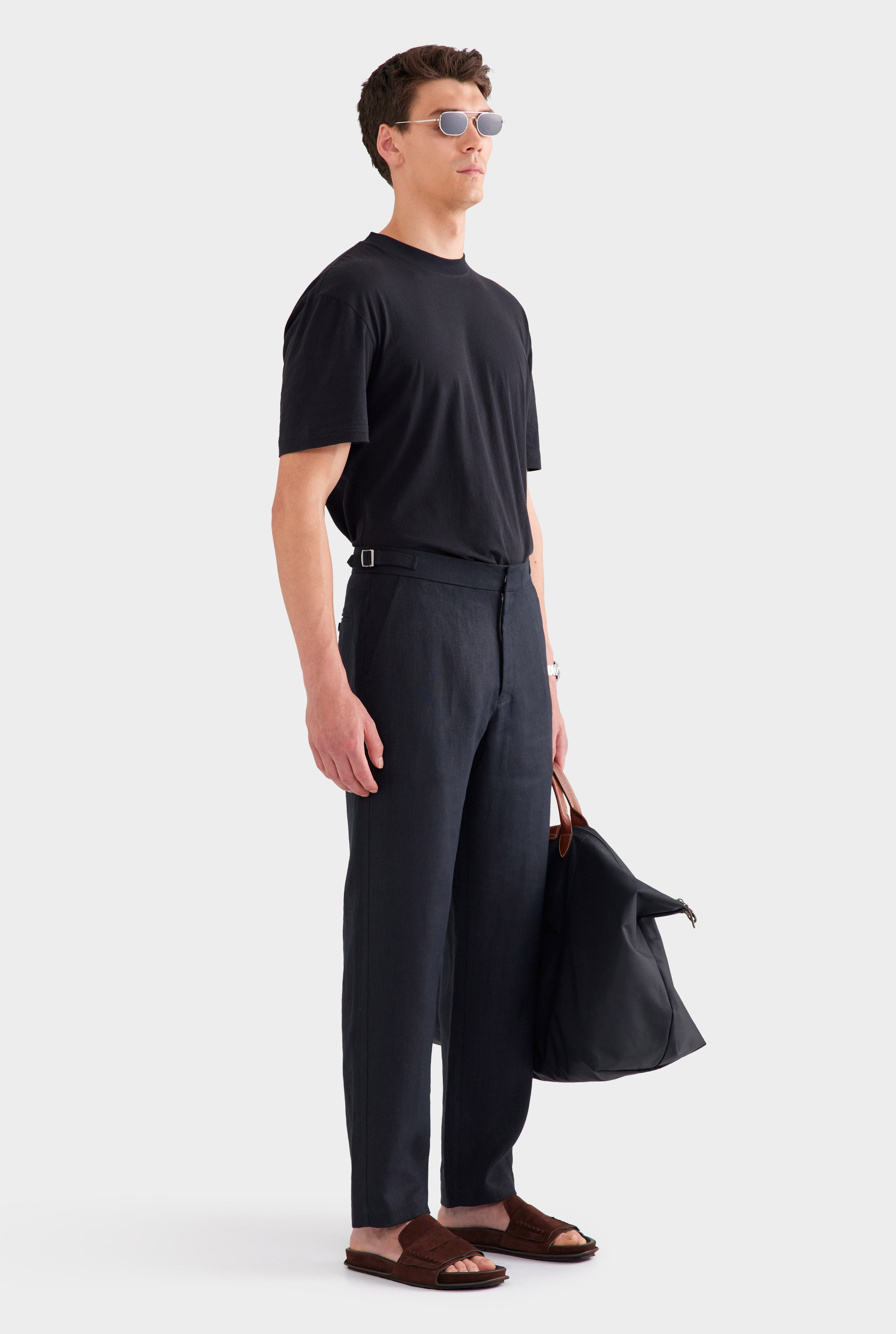 Tailored Linen Side Tab Trouser - Black