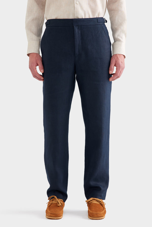 Tailored Linen Side Tab Trouser - Navy