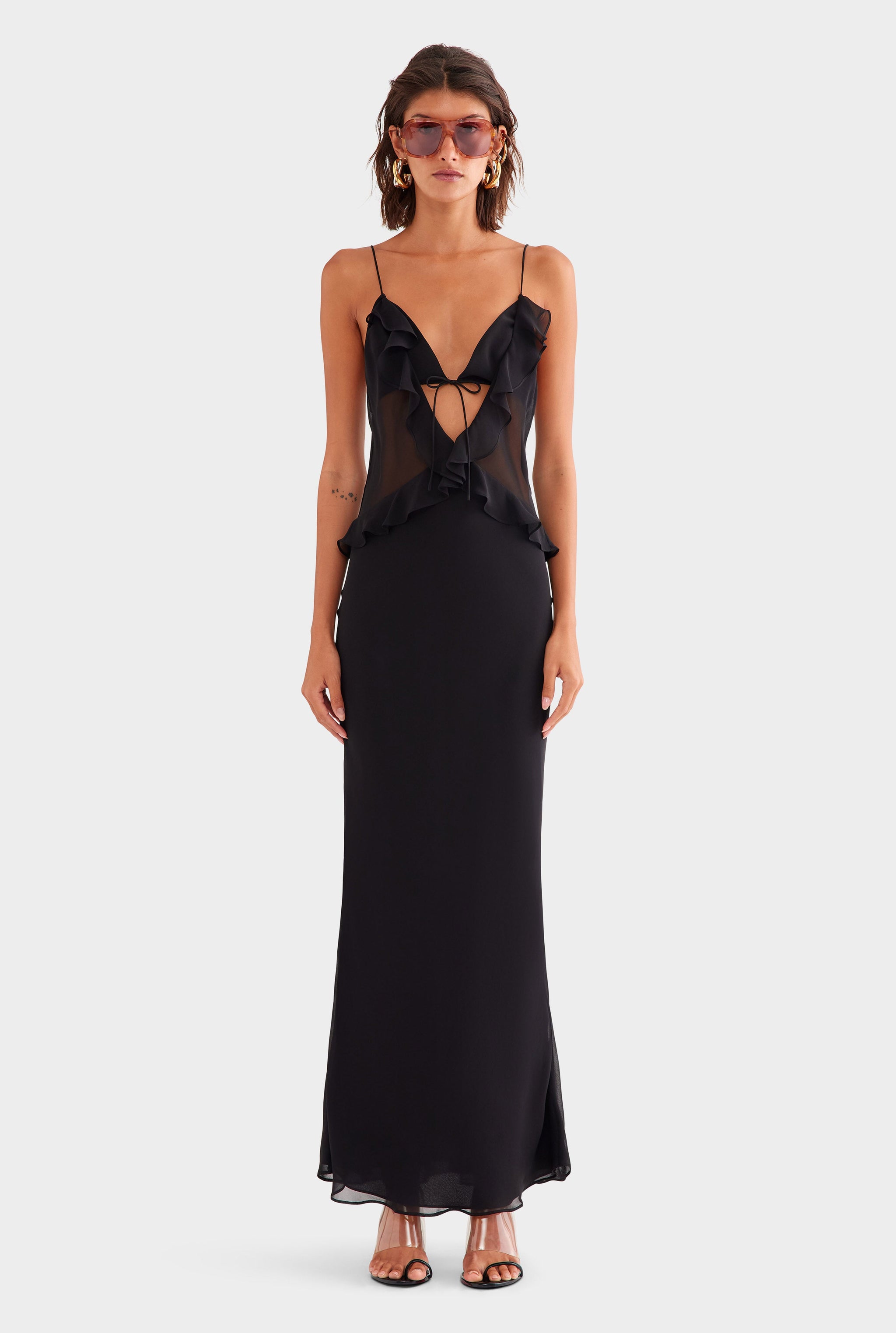 Womens Womens Silk Bralette Ruffle Maxi Dress in Black