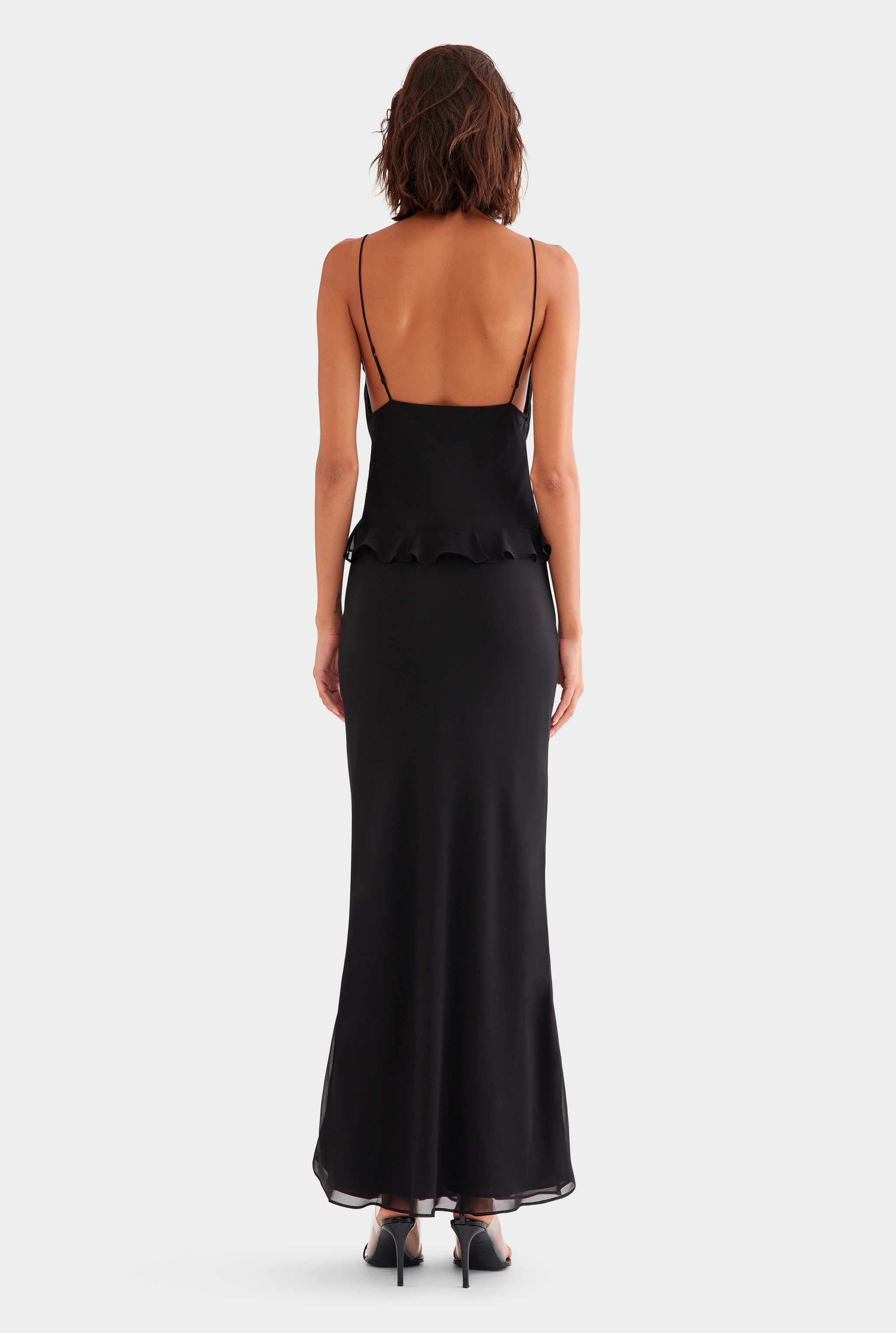 Silk Bralette Ruffle Maxi Dress - Black