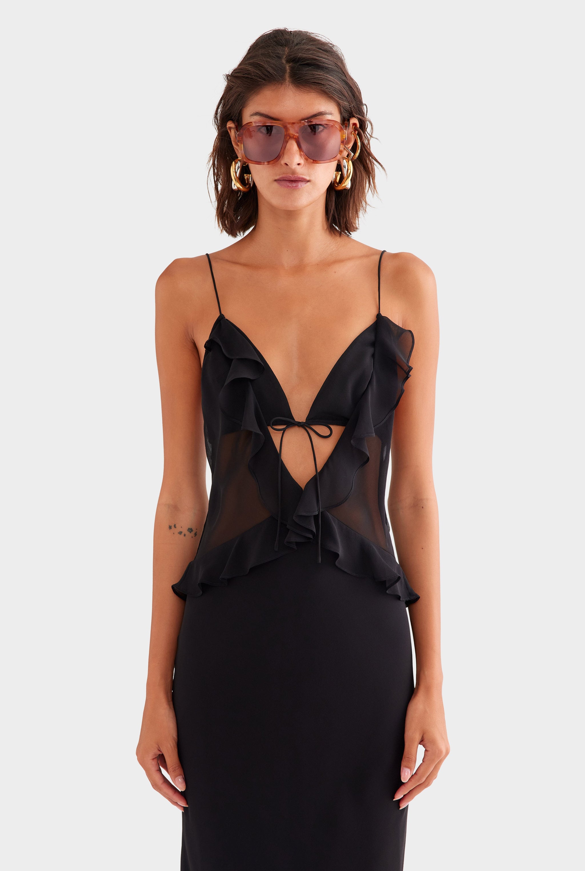 Silk Bralette Ruffle Maxi Dress - Black