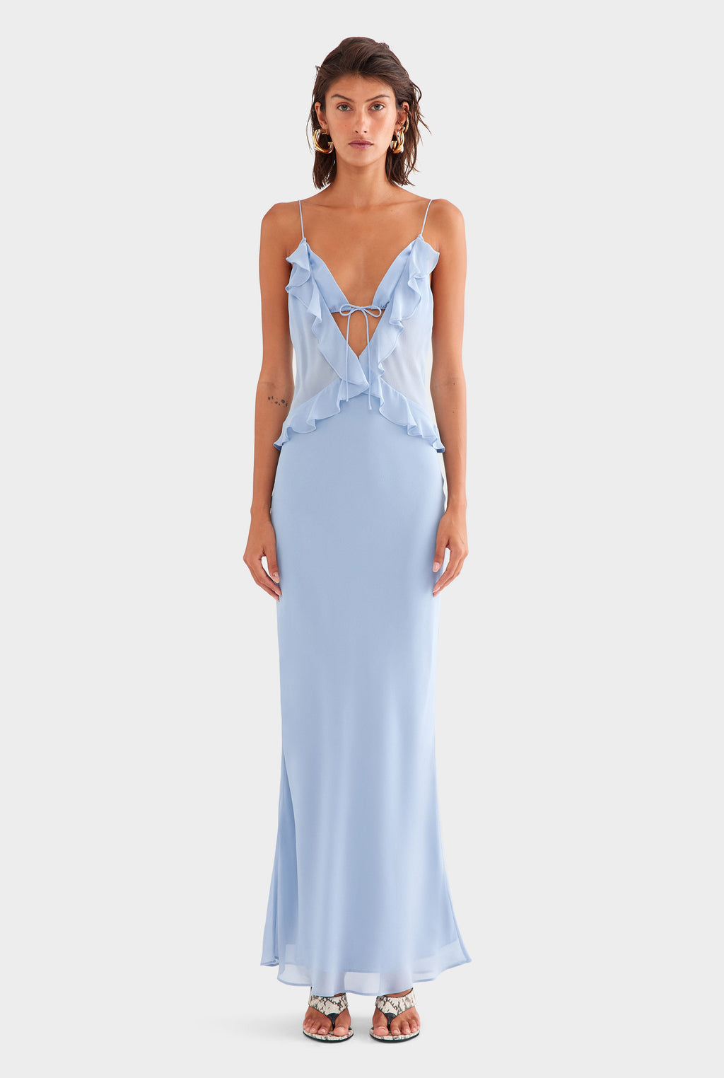 Silk Bralette Ruffle Maxi Dress - Powder Blue