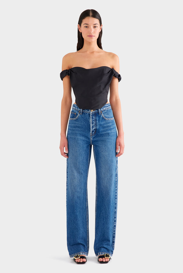 Draped Silk Corset Top - Black