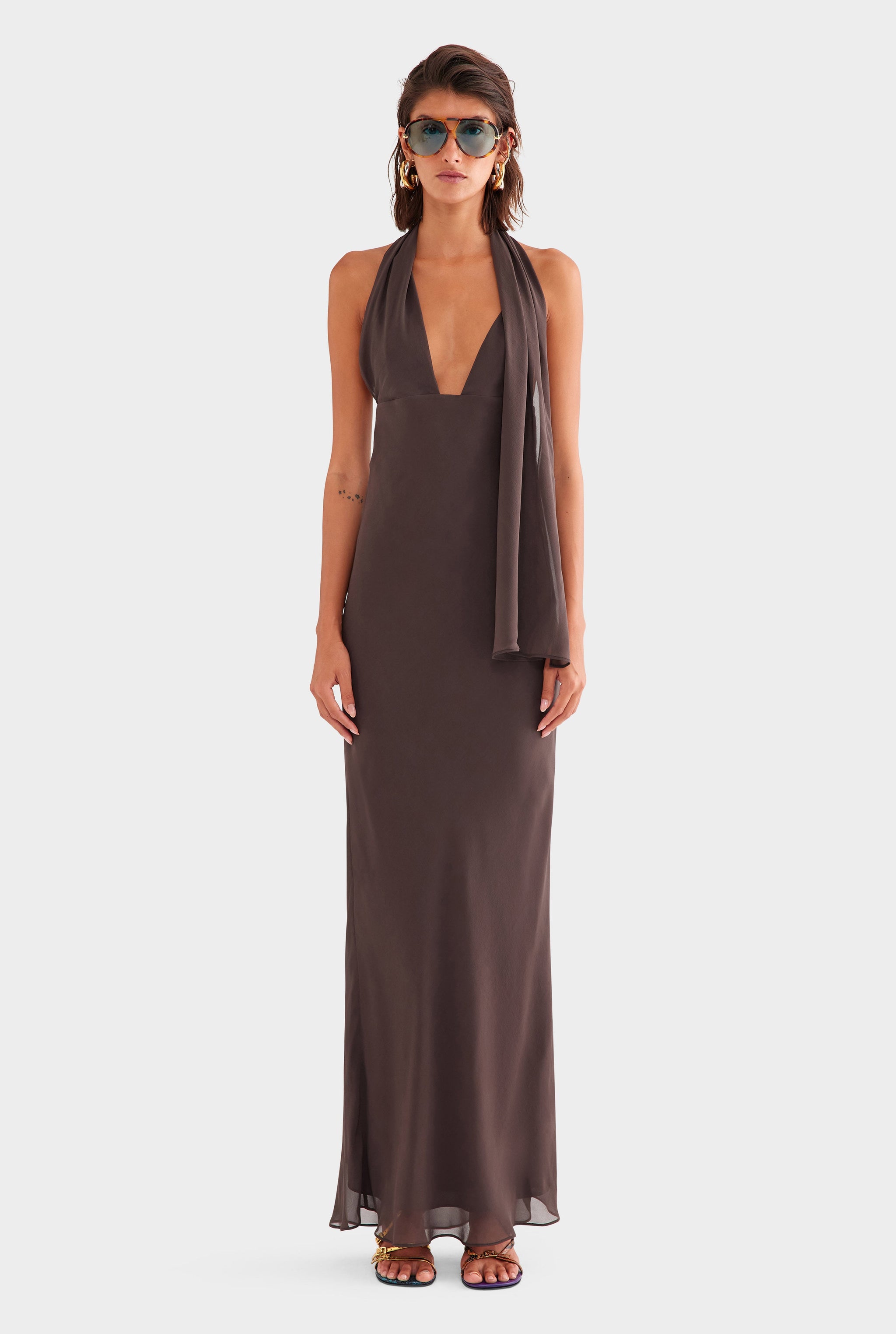 Silk Halter Maxi Dress - Dark Chocolate