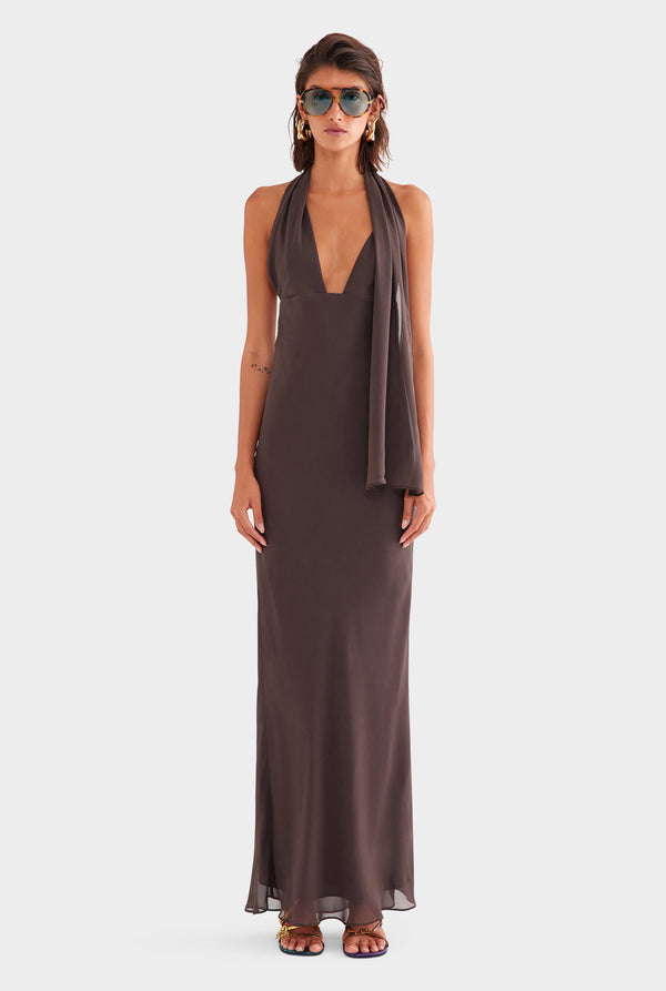 Silk Halter Maxi Dress - Dark Chocolate