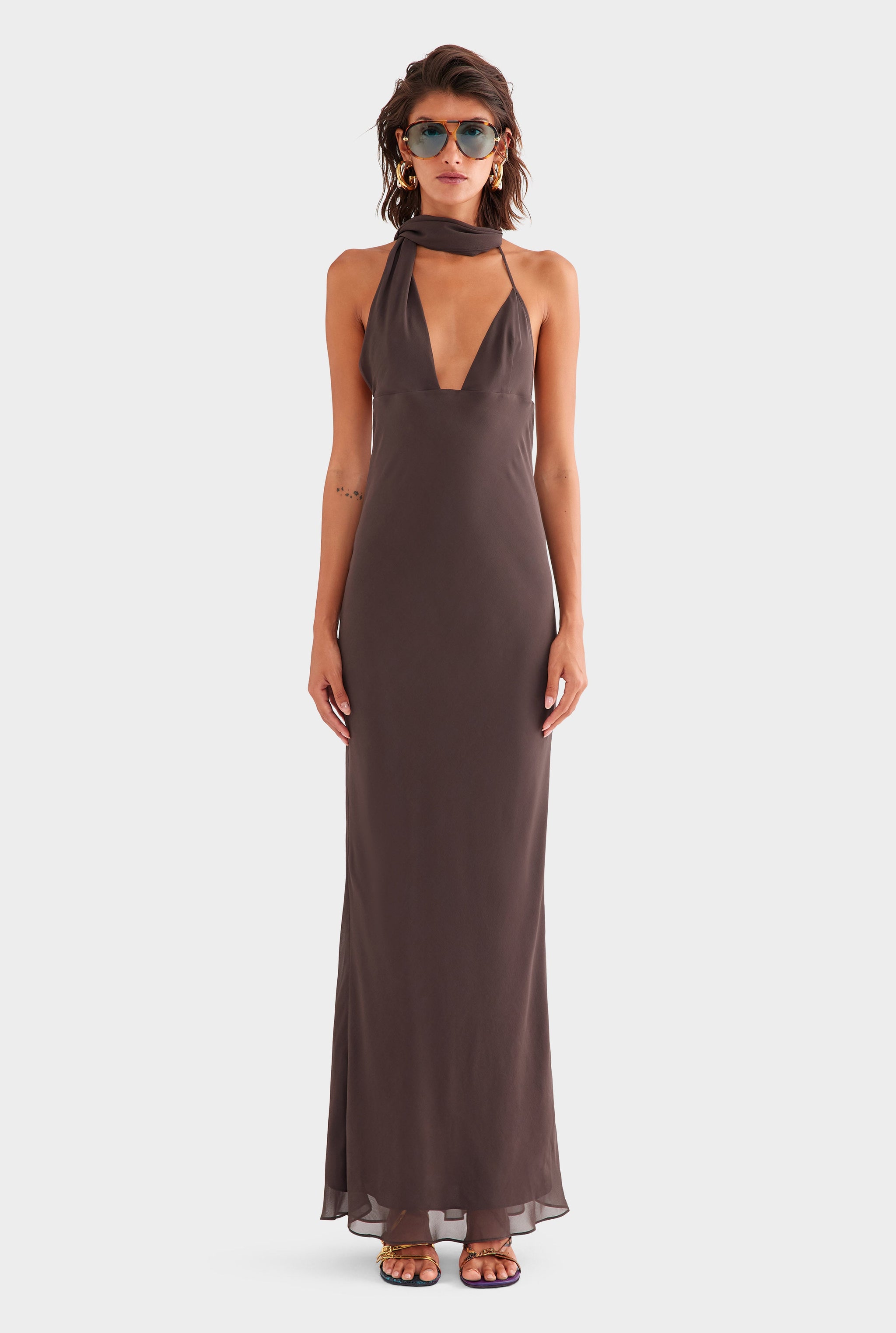 Silk Halter Maxi Dress - Dark Chocolate