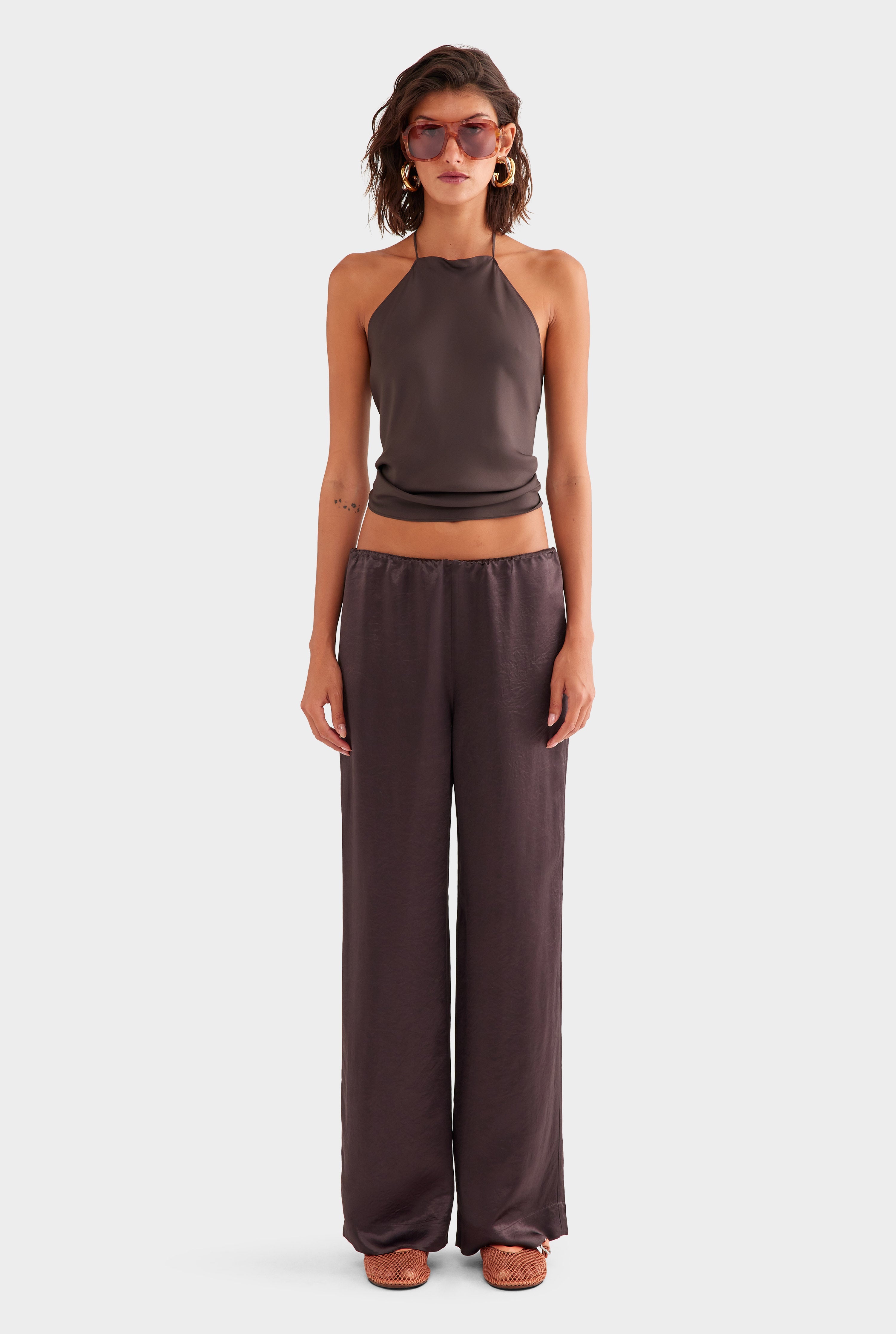 Crushed Satin Elastic Waist Pant - Dark Chocolate
