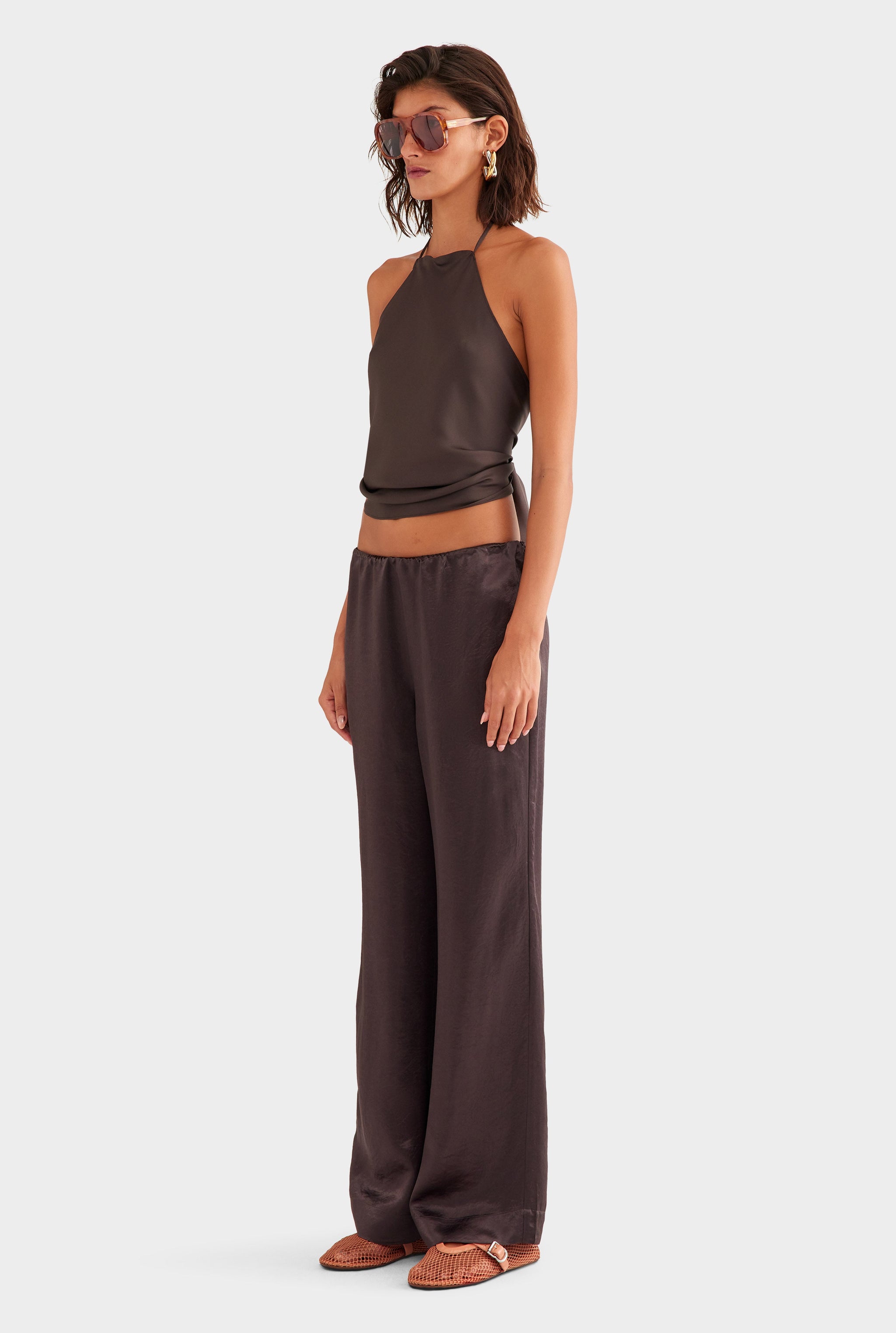 Crushed Satin Elastic Waist Pant - Dark Chocolate