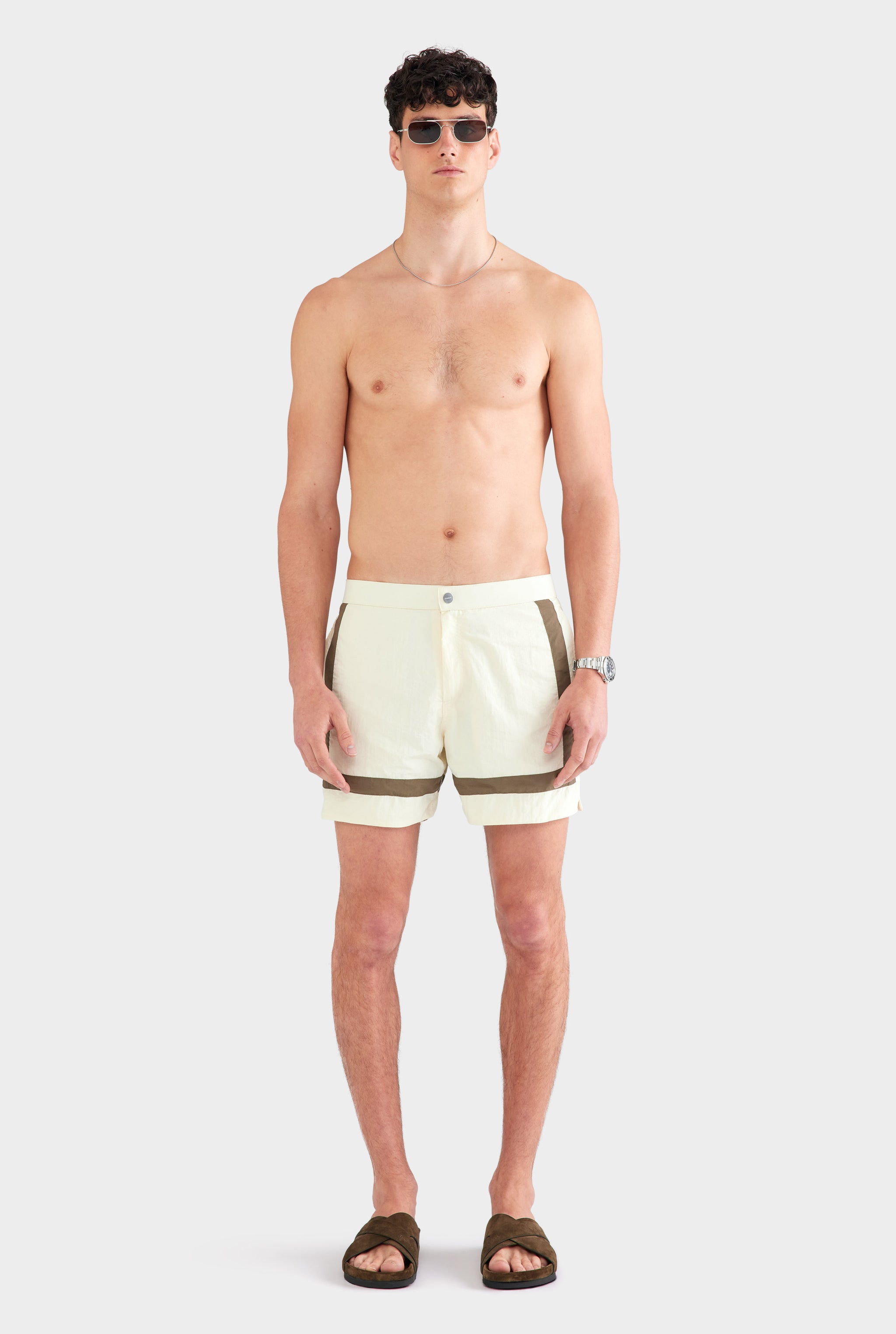 Snaplock Panelled Border Swim Short - Cream/Olive