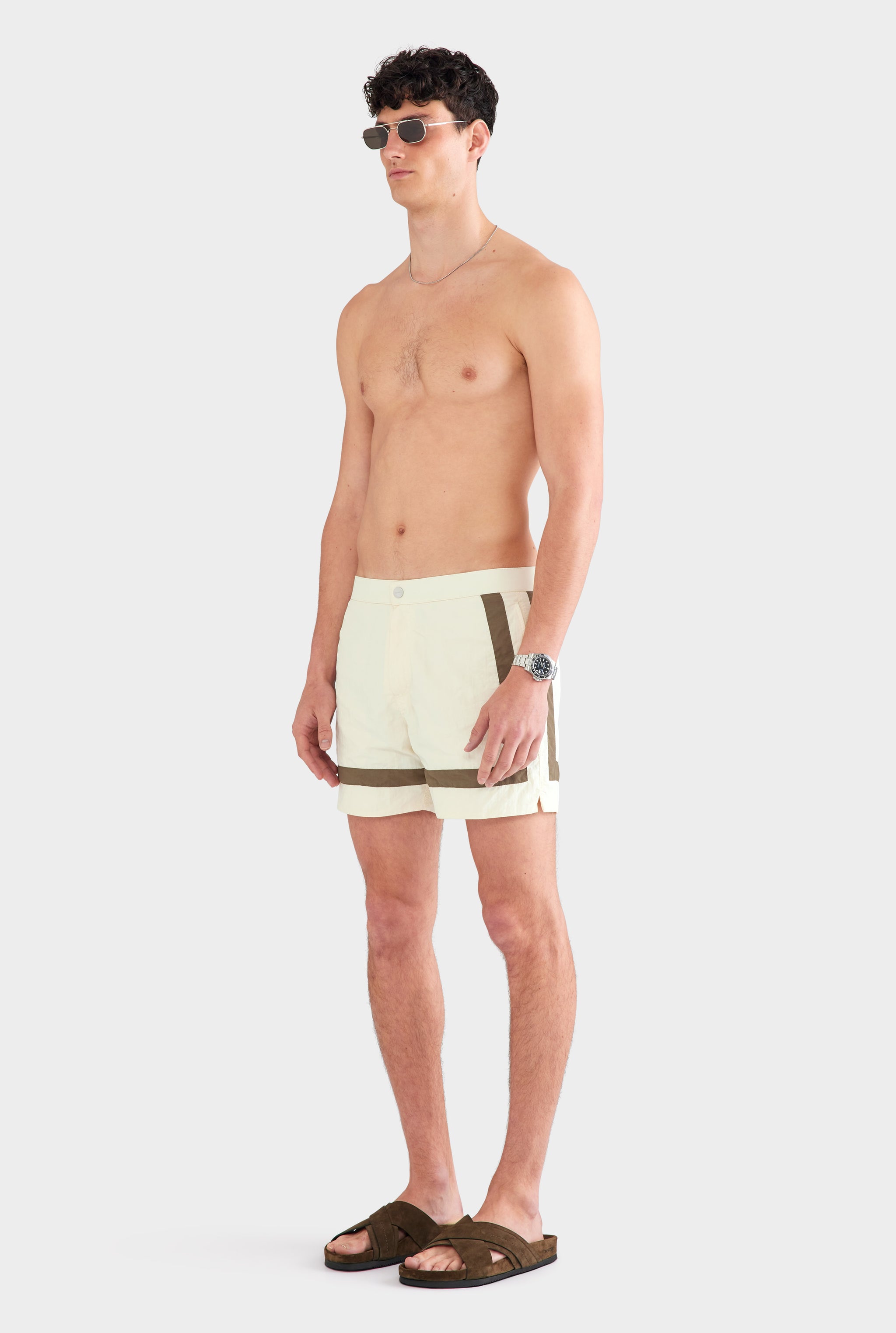 Snaplock Panelled Border Swim Short - Cream/Olive