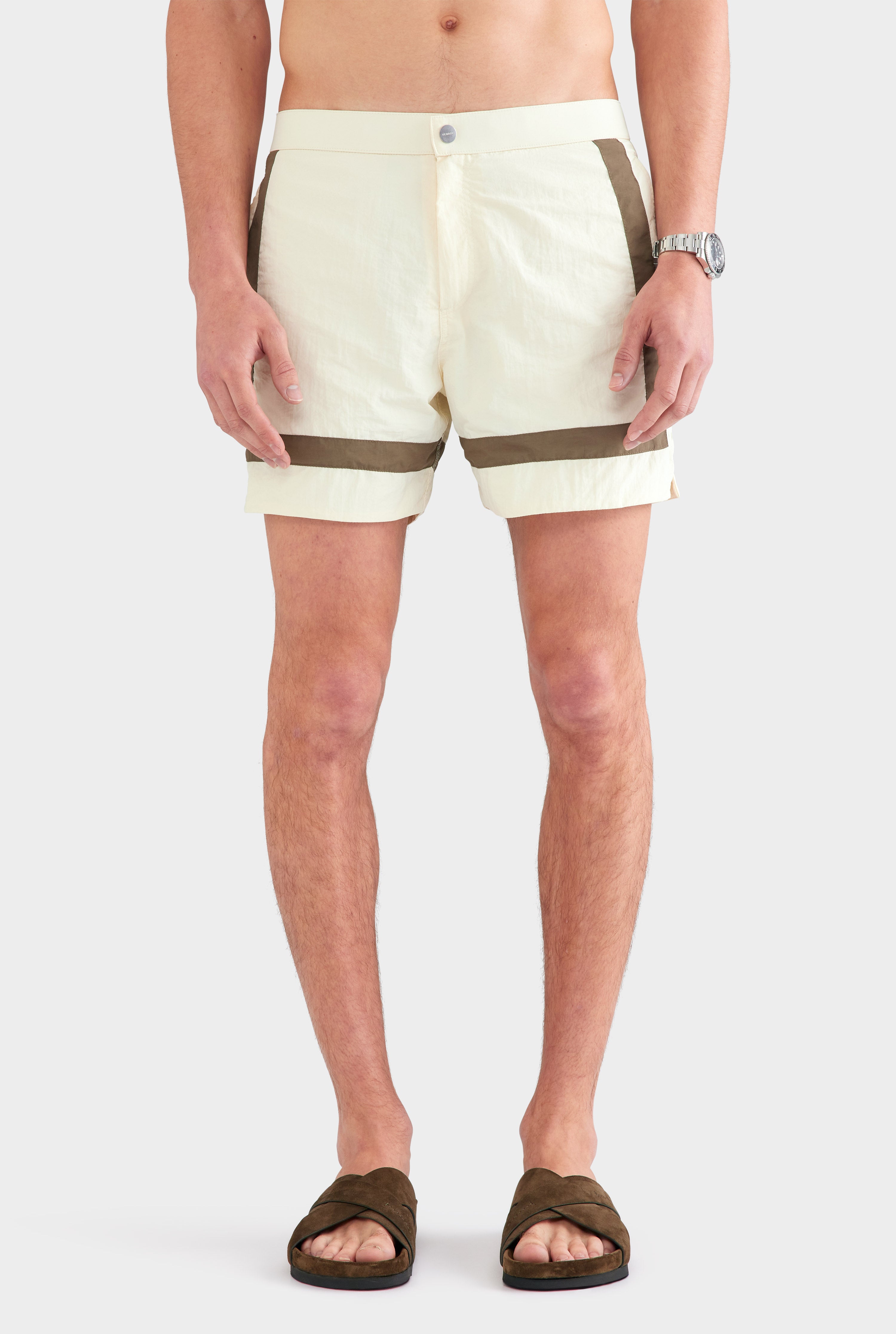Snaplock Panelled Border Swim Short - Cream/Olive
