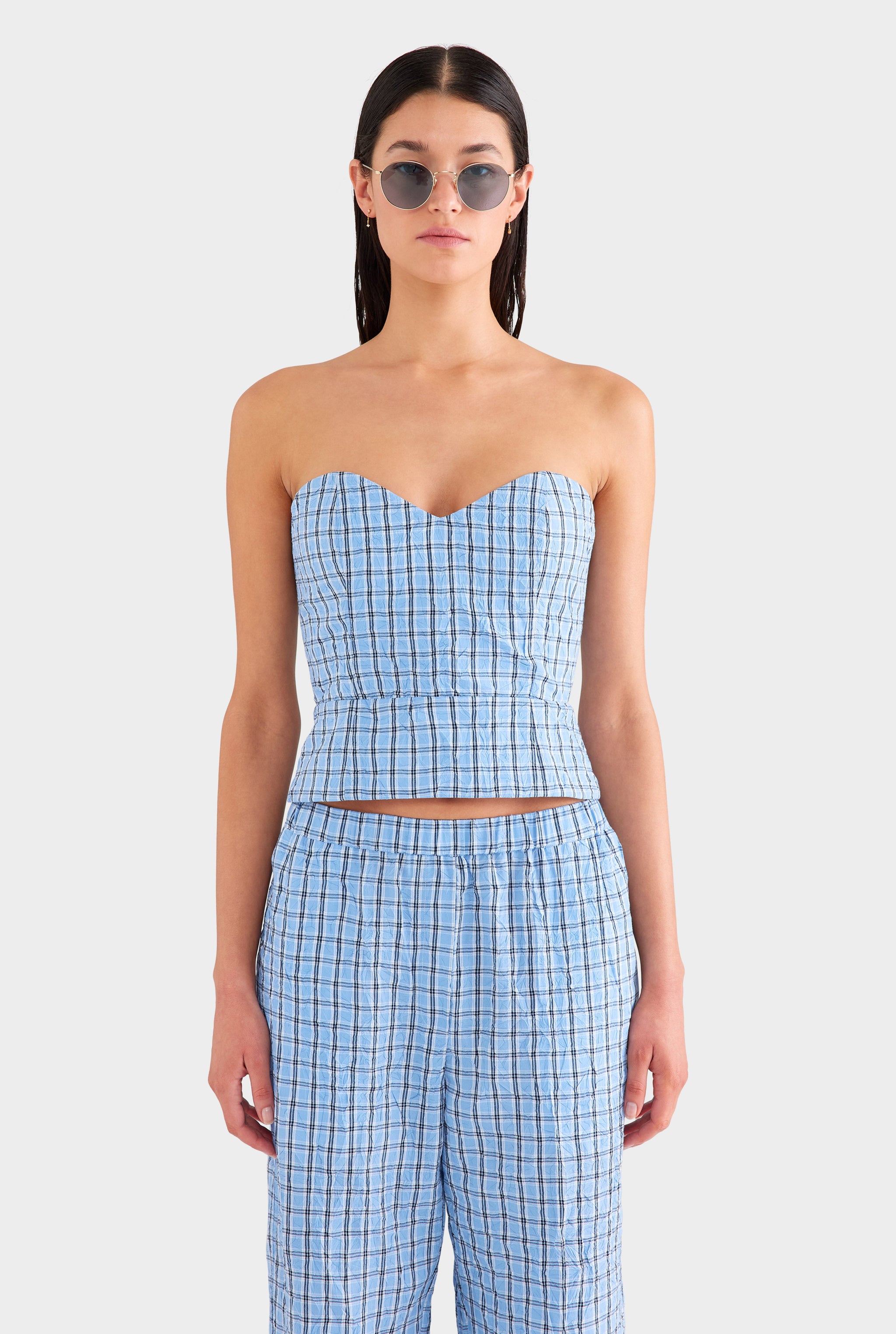 Relaxed Check Cotton Pant - Blue Crushed Check
