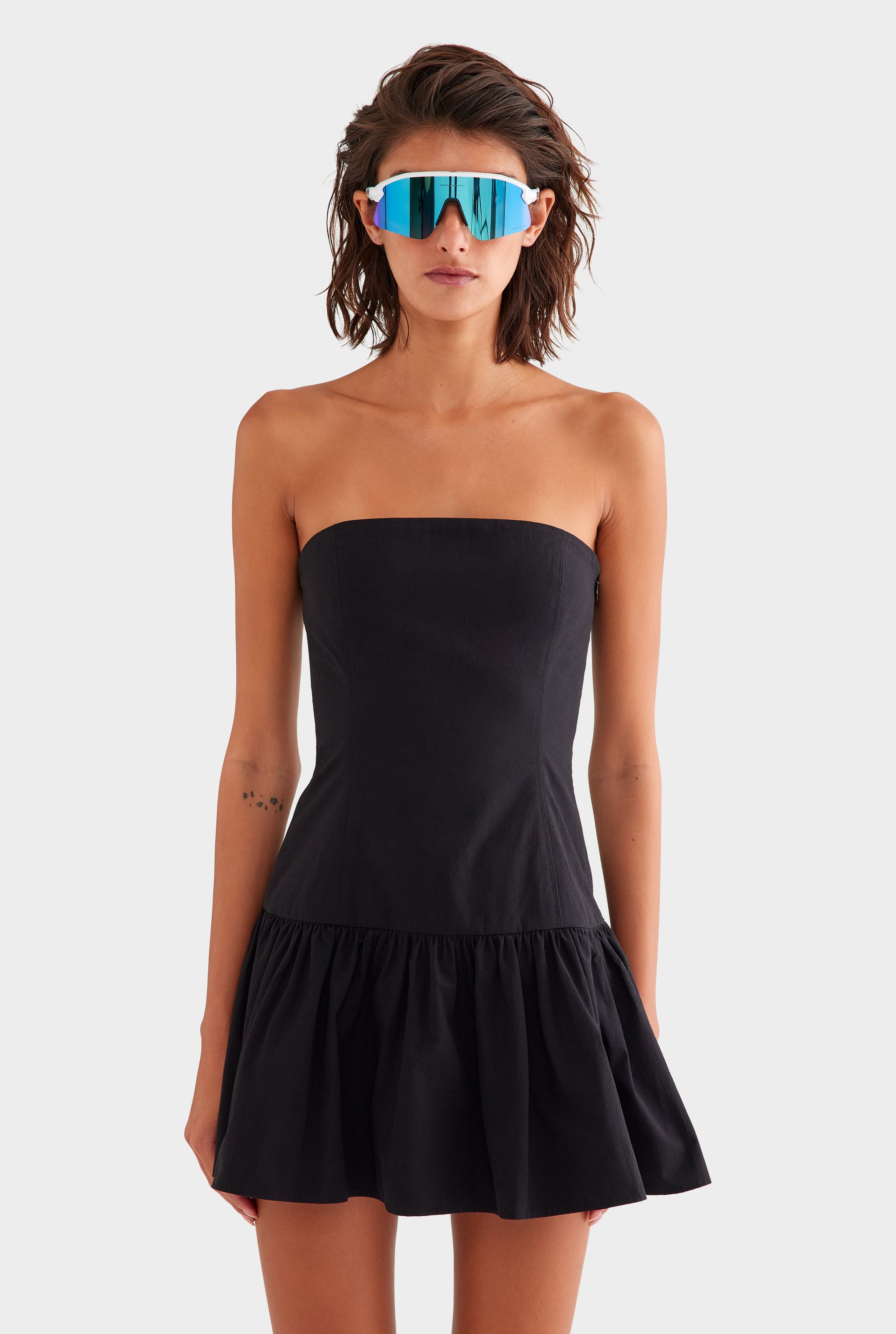 Womens Womens Strapless Cotton Mini Dress in Black