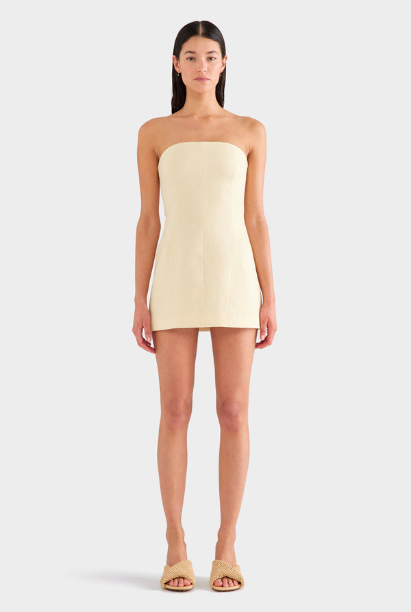 Strapless Panelled Linen Mini Dress - Dusty Yellow