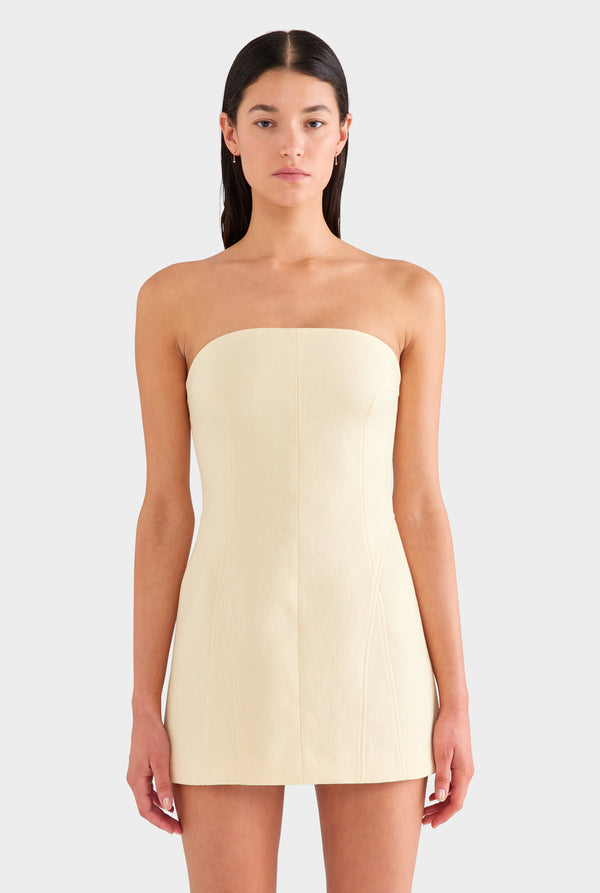 Strapless Panelled Linen Mini Dress - Dusty Yellow