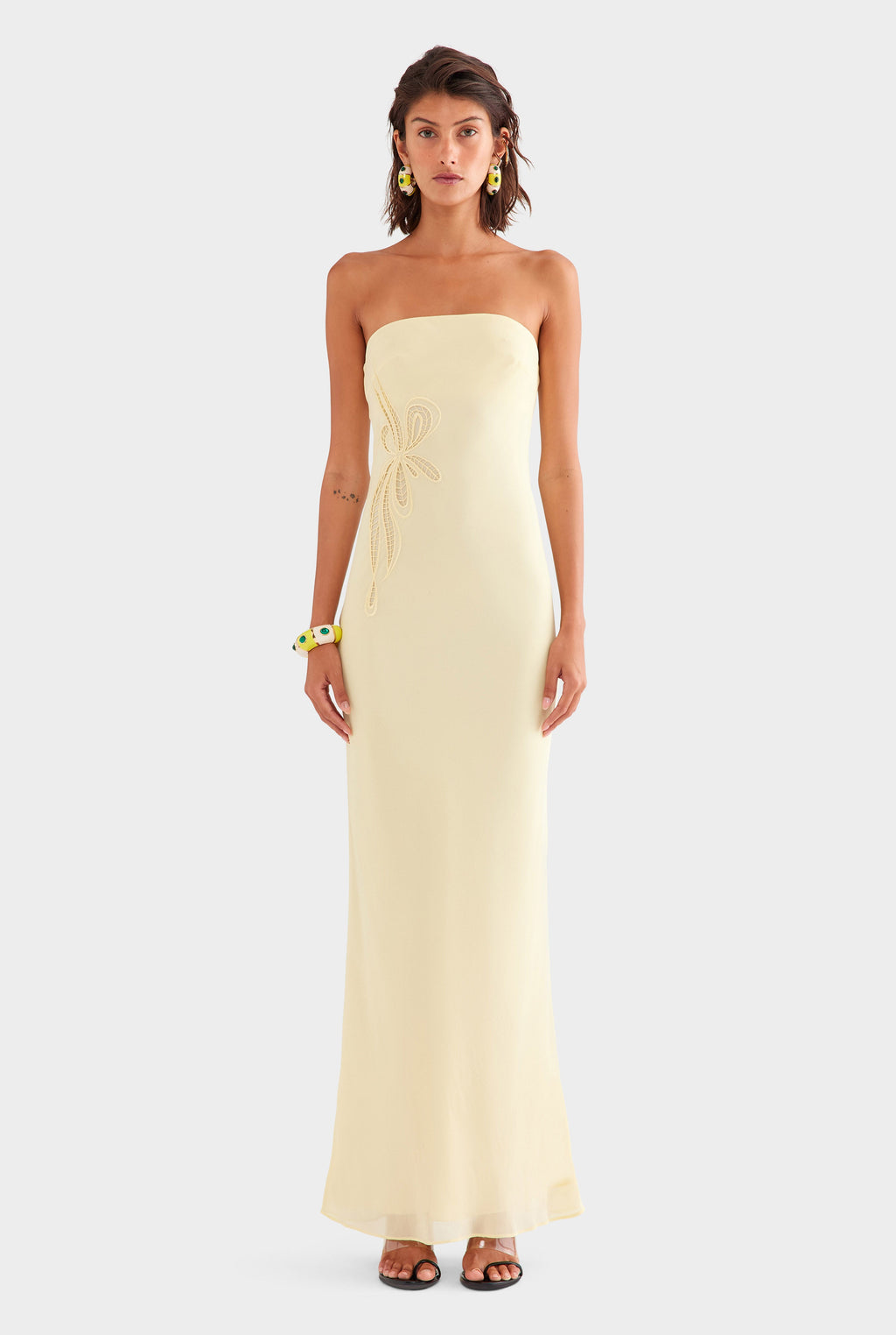 Strapless Silk Embroidered Maxi Dress - Pastel Yellow