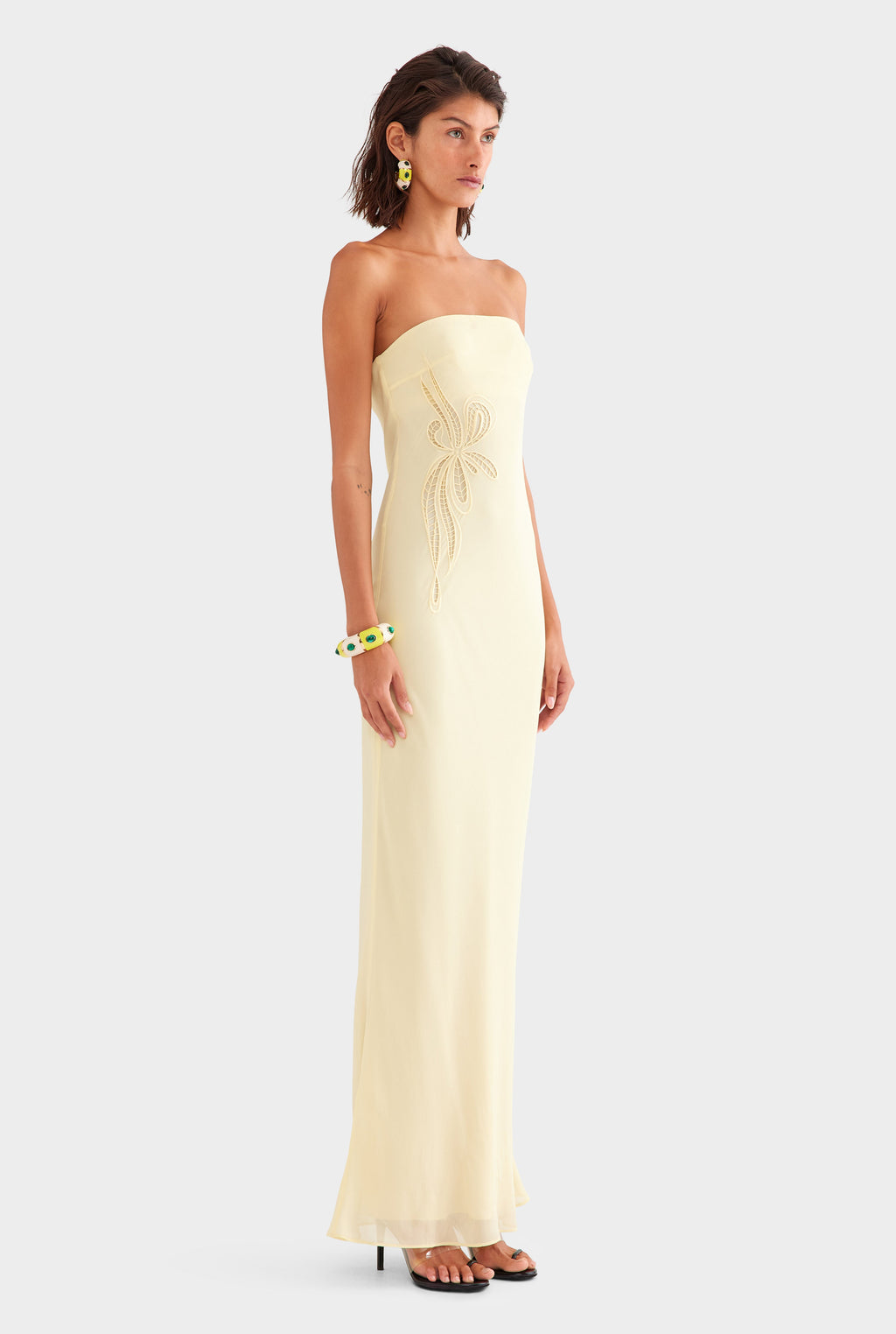 Strapless Silk Embroidered Maxi Dress - Pastel Yellow