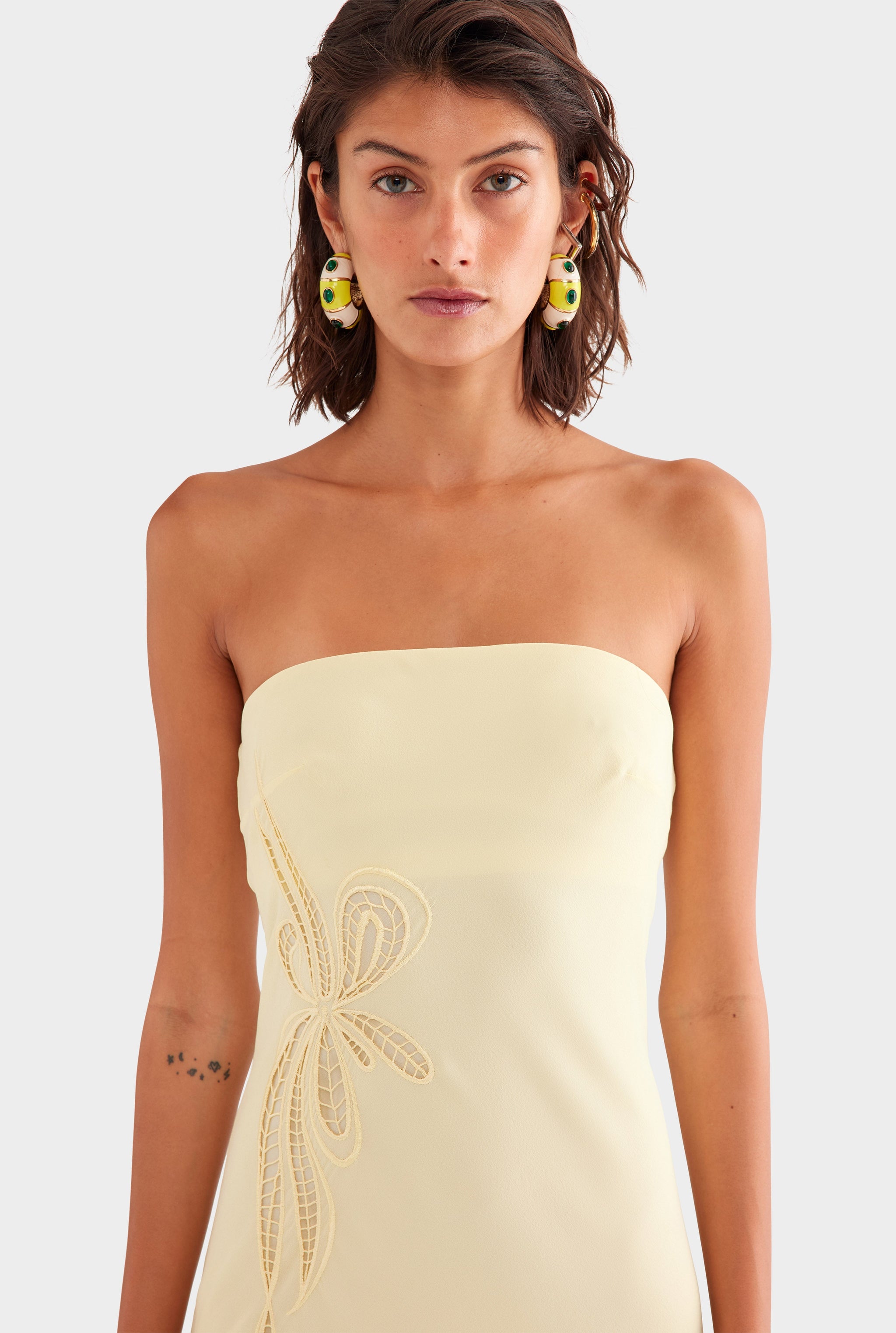 Strapless Silk Embroidered Maxi Dress - Pastel Yellow
