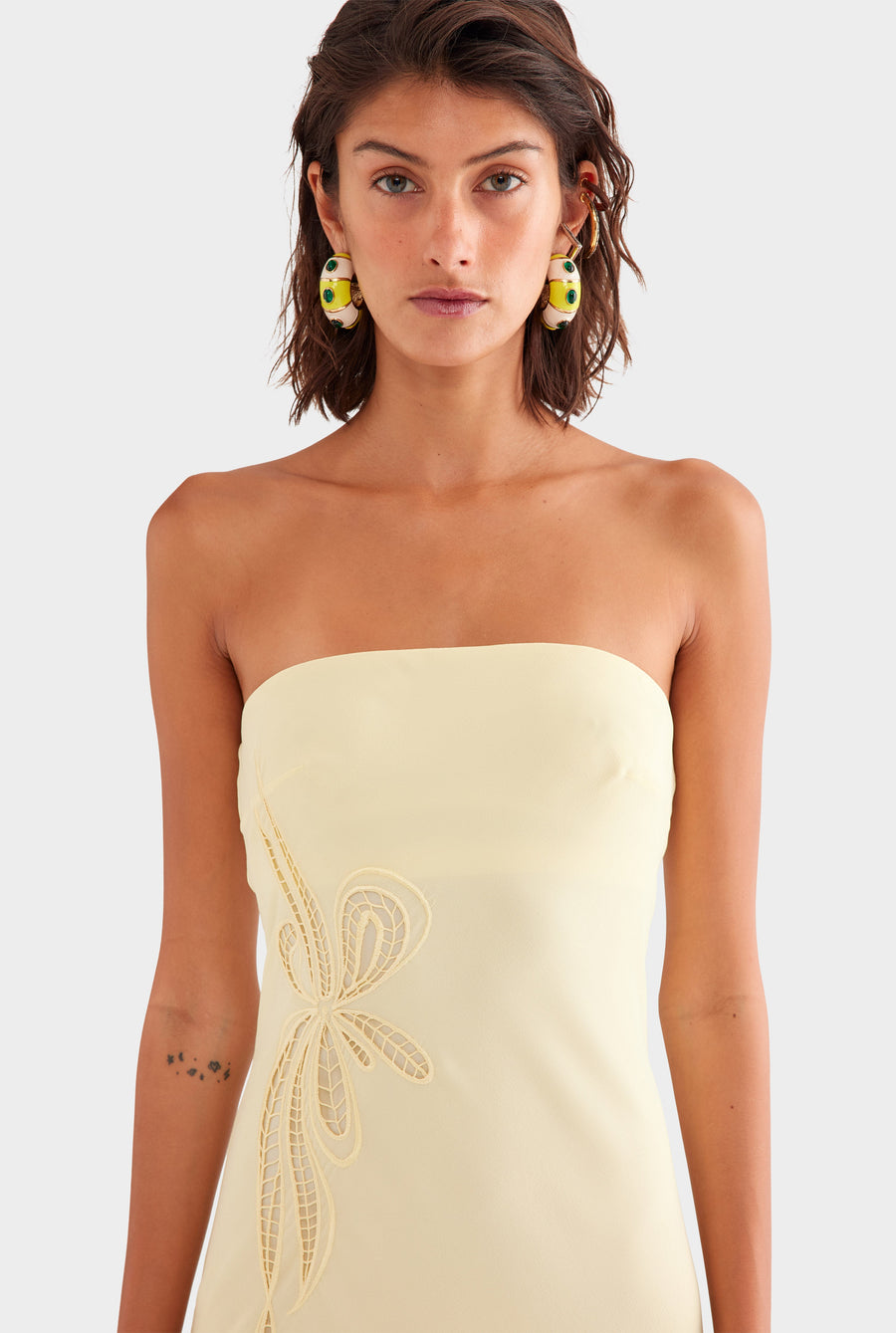 Strapless Silk Embroidered Maxi Dress - Pastel Yellow
