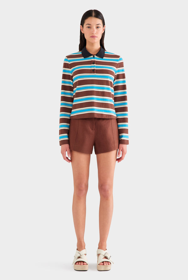 Striped Long Sleeve Jersey Polo - Chocolate/Blue Stripe