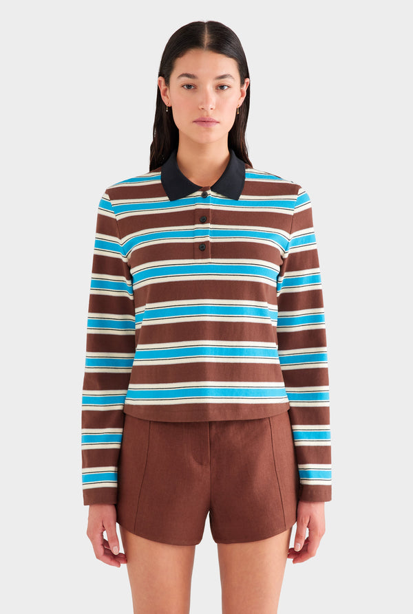Striped Long Sleeve Jersey Polo - Chocolate/Blue Stripe