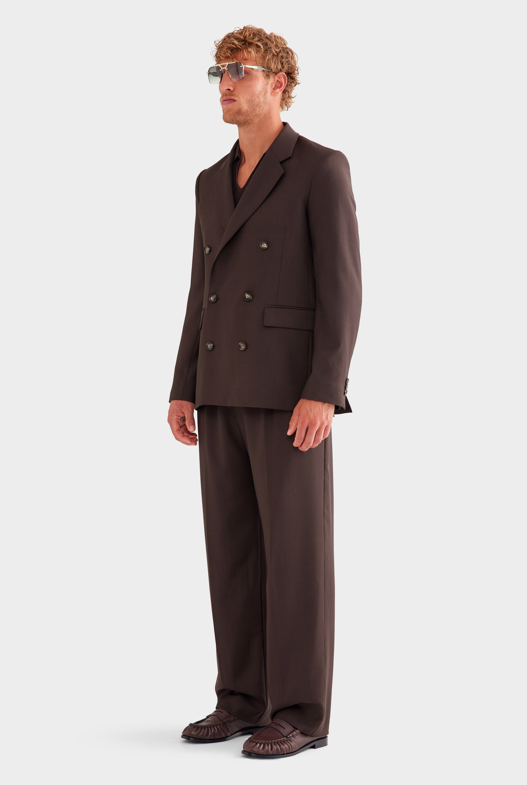 Tailored Wool Double Breasted Suit Jacket - Dark Chocolate