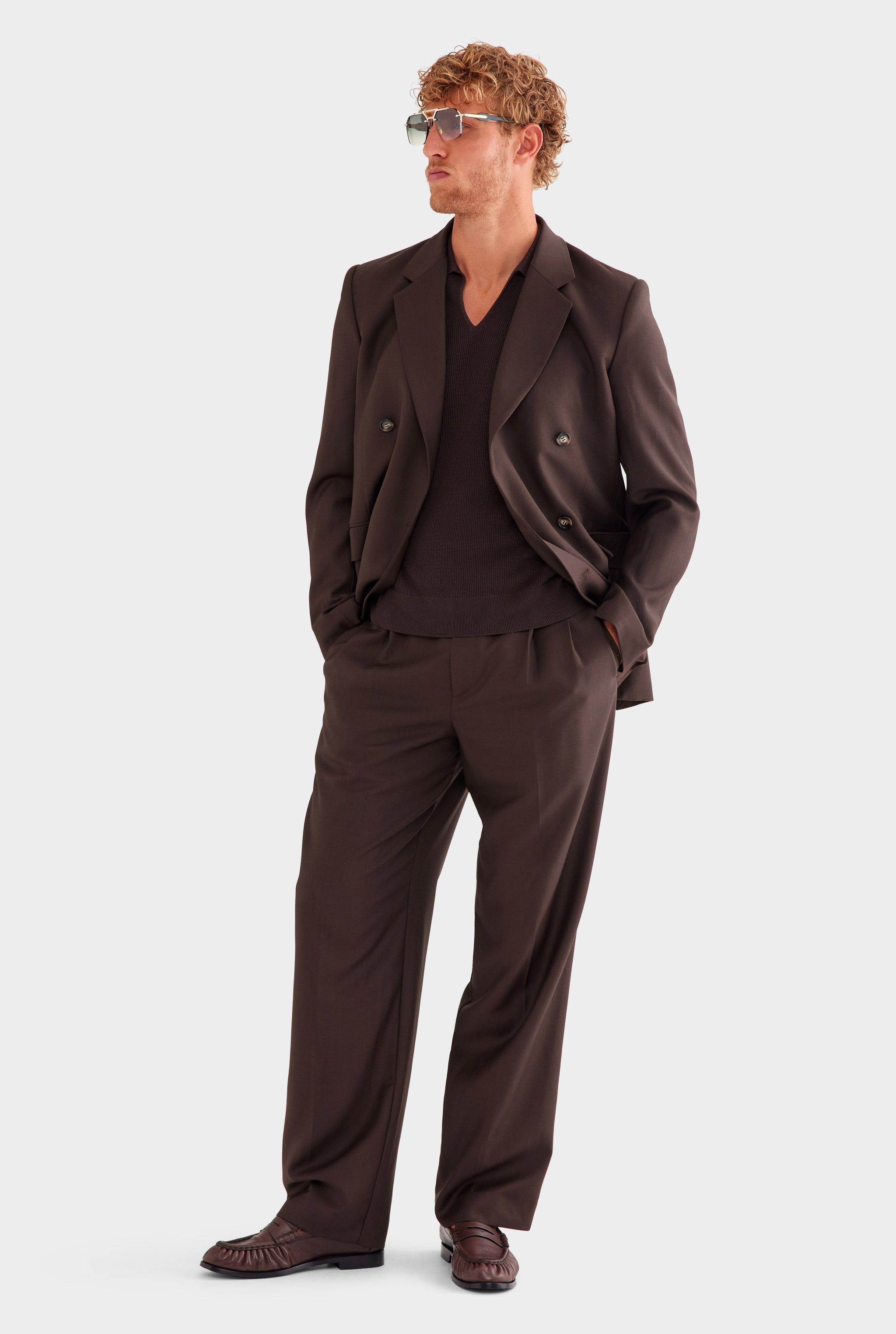 Tailored Wool Double Breasted Suit Jacket - Dark Chocolate