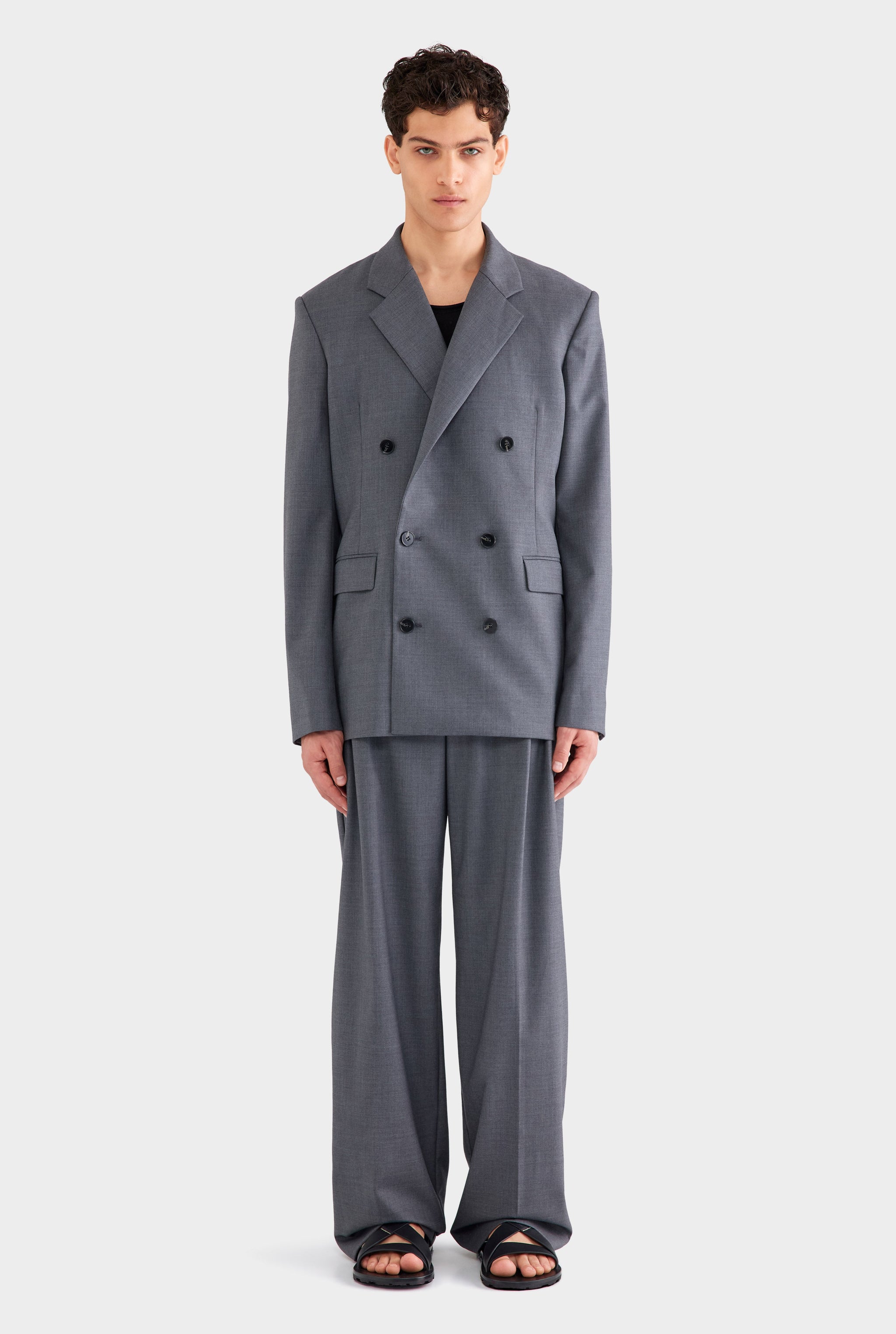 Tailored Wool Double Breasted Suit Jacket - Dark Grey Marl