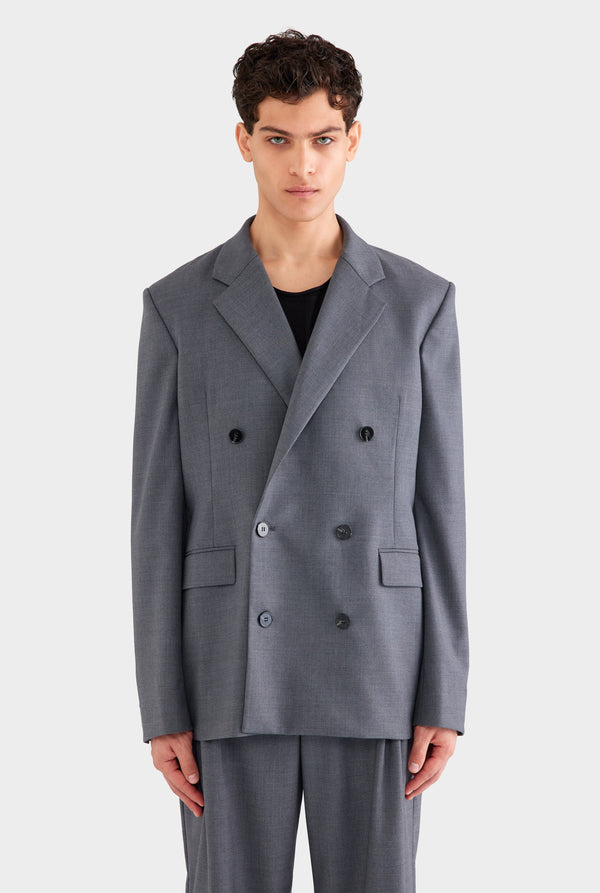 Tailored Wool Double Breasted Suit Jacket - Dark Grey Marl