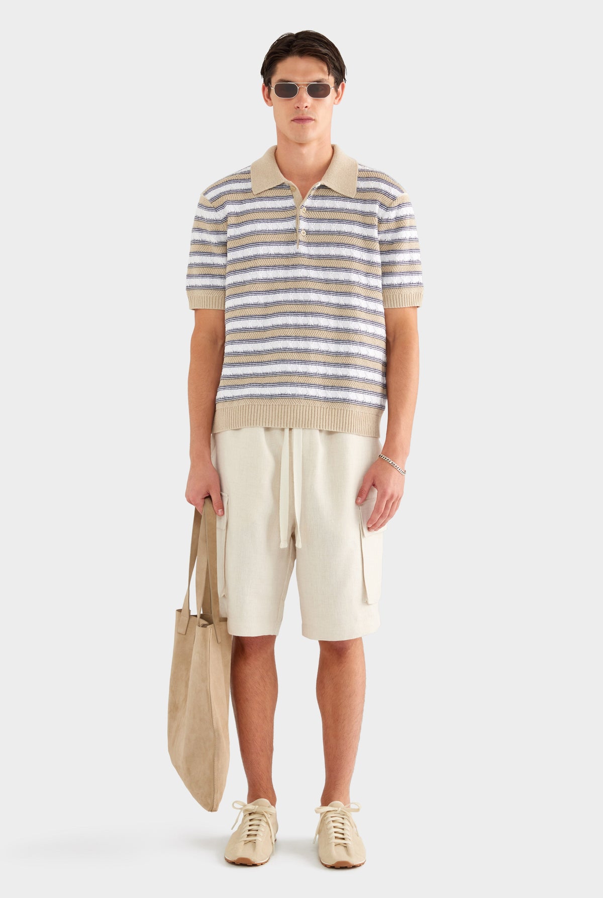 Textured Cotton Linen Knit Polo - White/Navy/Taupe Stripe