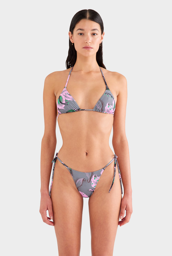 Tie Side Bikini Brief - Grey/Pink Lily