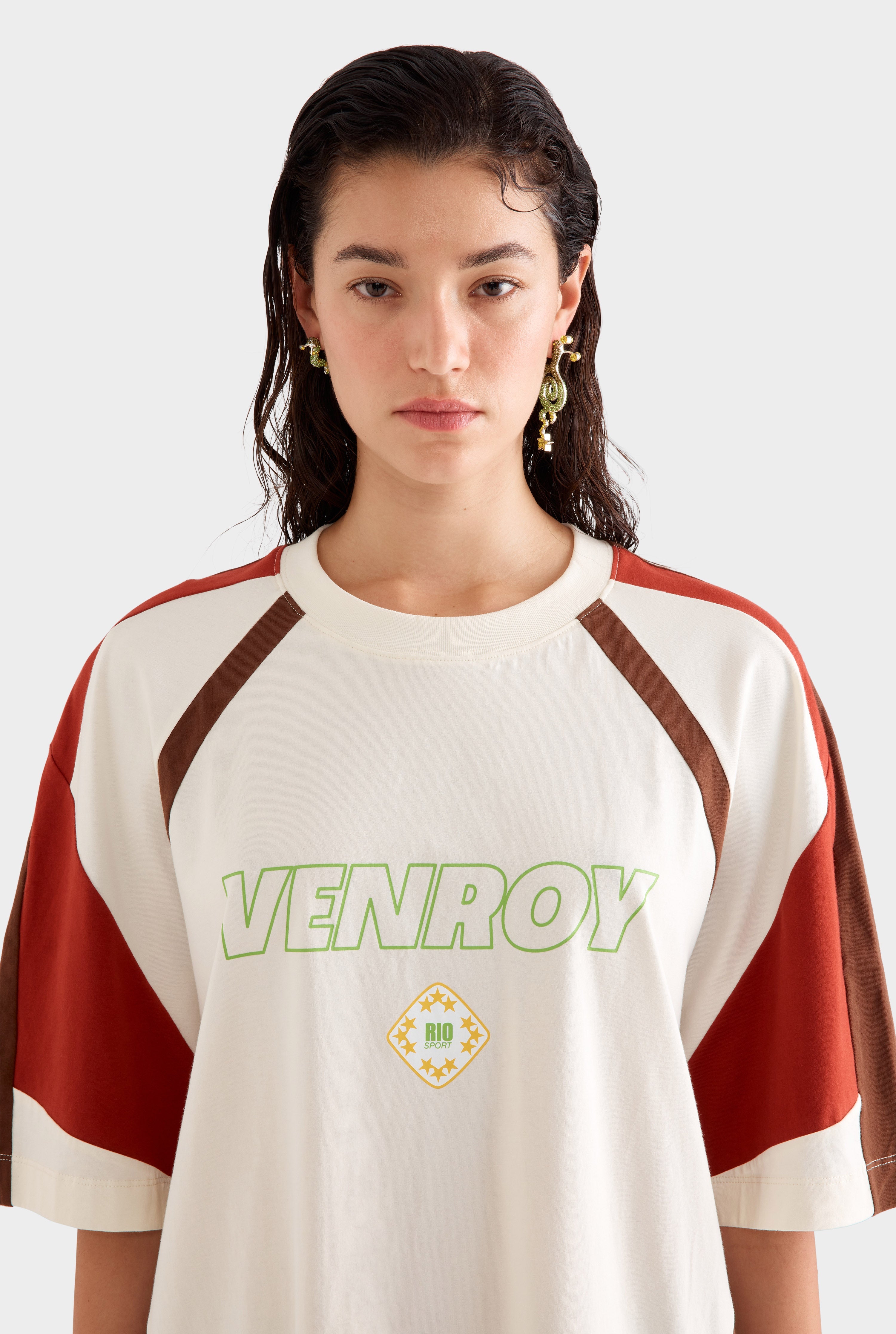 Venroy Rio Panelled Jersey T-Shirt - Cream/Picante/Cocoa