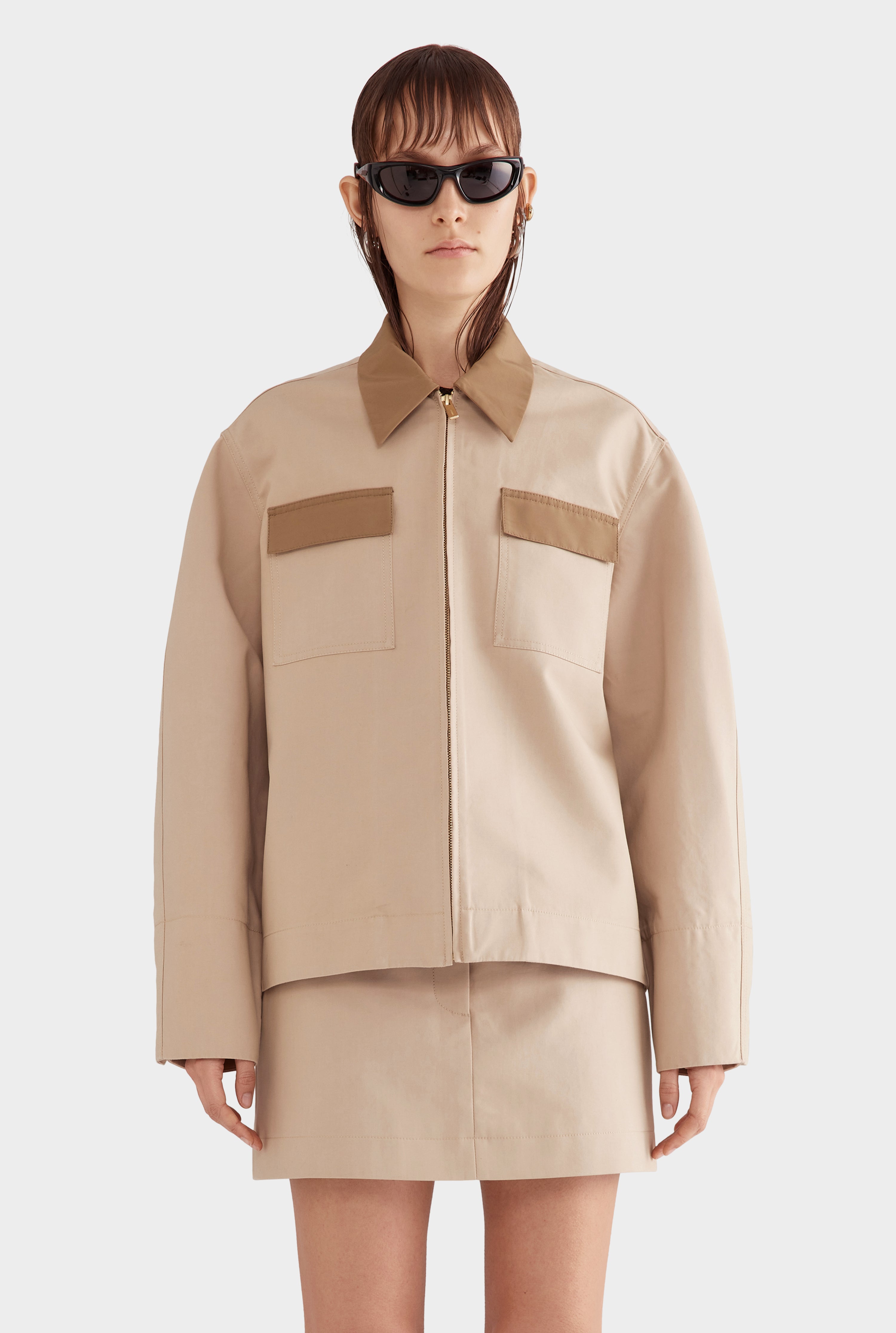 Contrast Zip Through Jacket - Beige