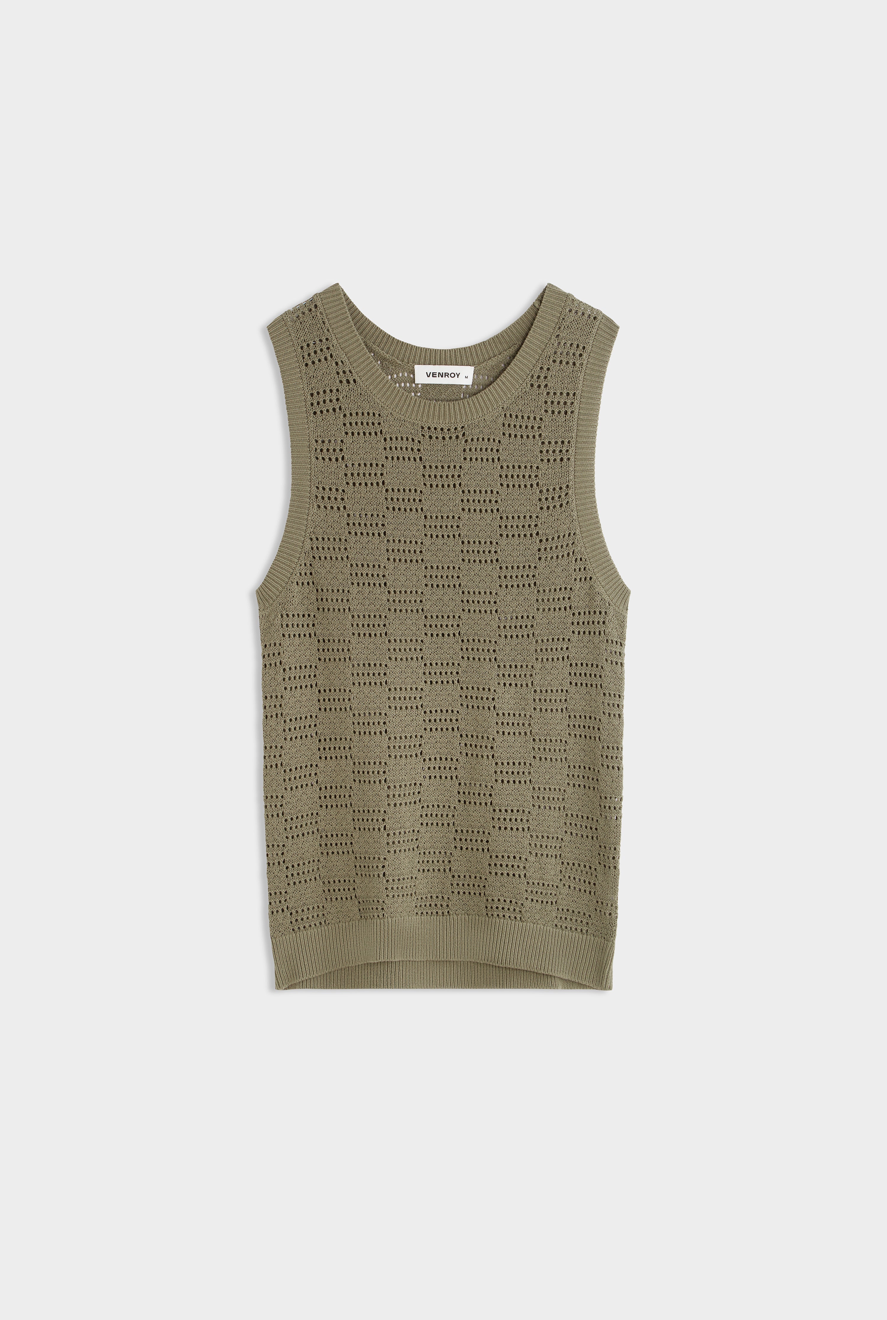 Cotton Crochet Check Tank - Dried Moss
