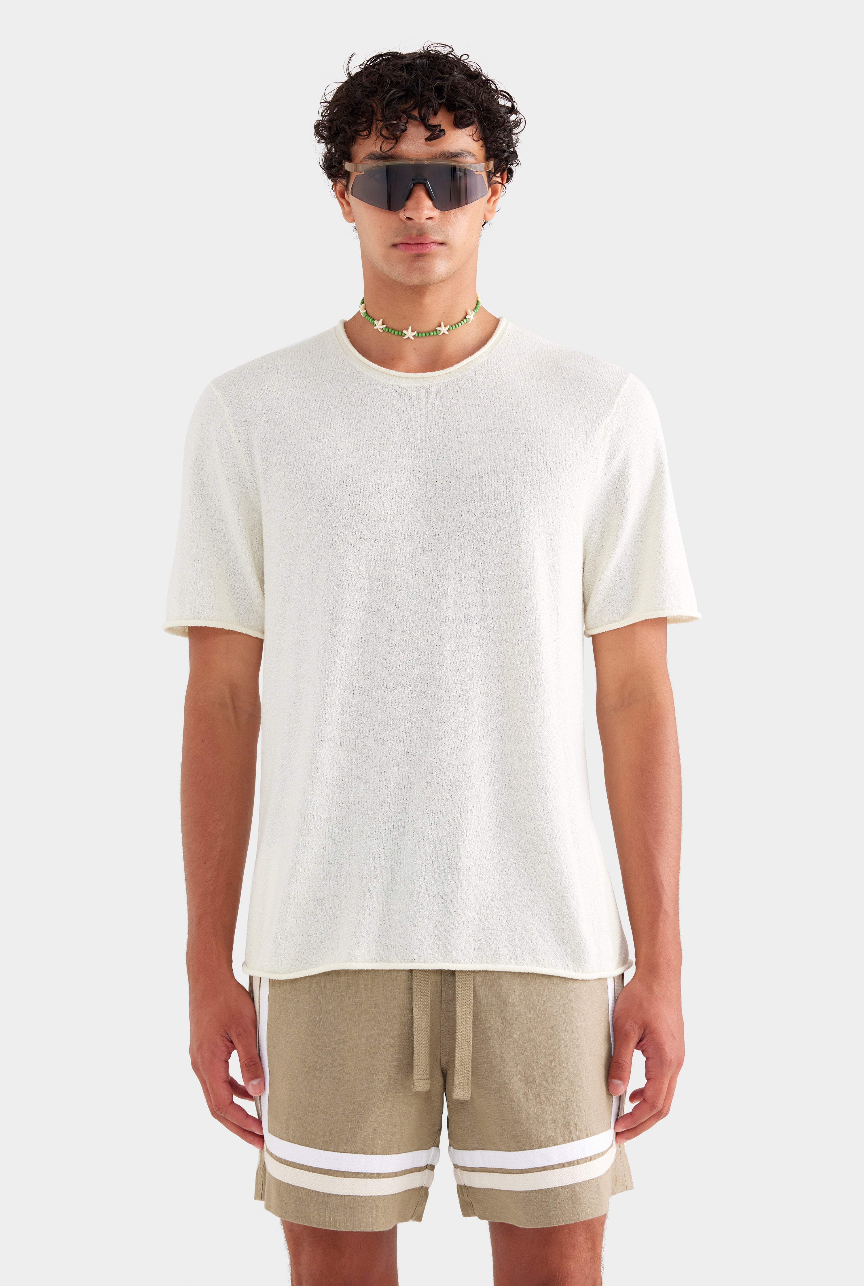 Boucle Knit Rolled Edge T Shirt - Cream