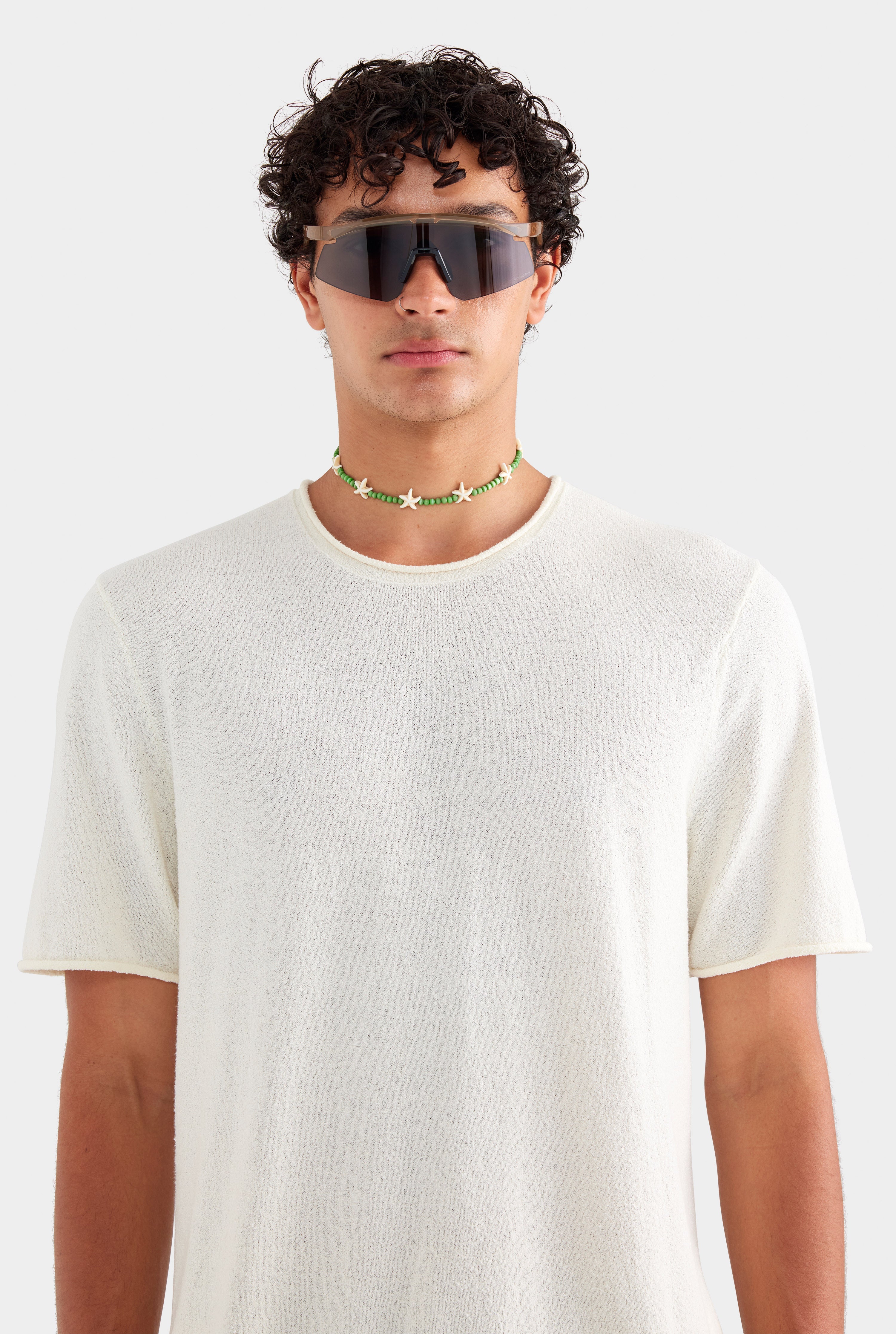 Boucle Knit Rolled Edge T Shirt - Cream