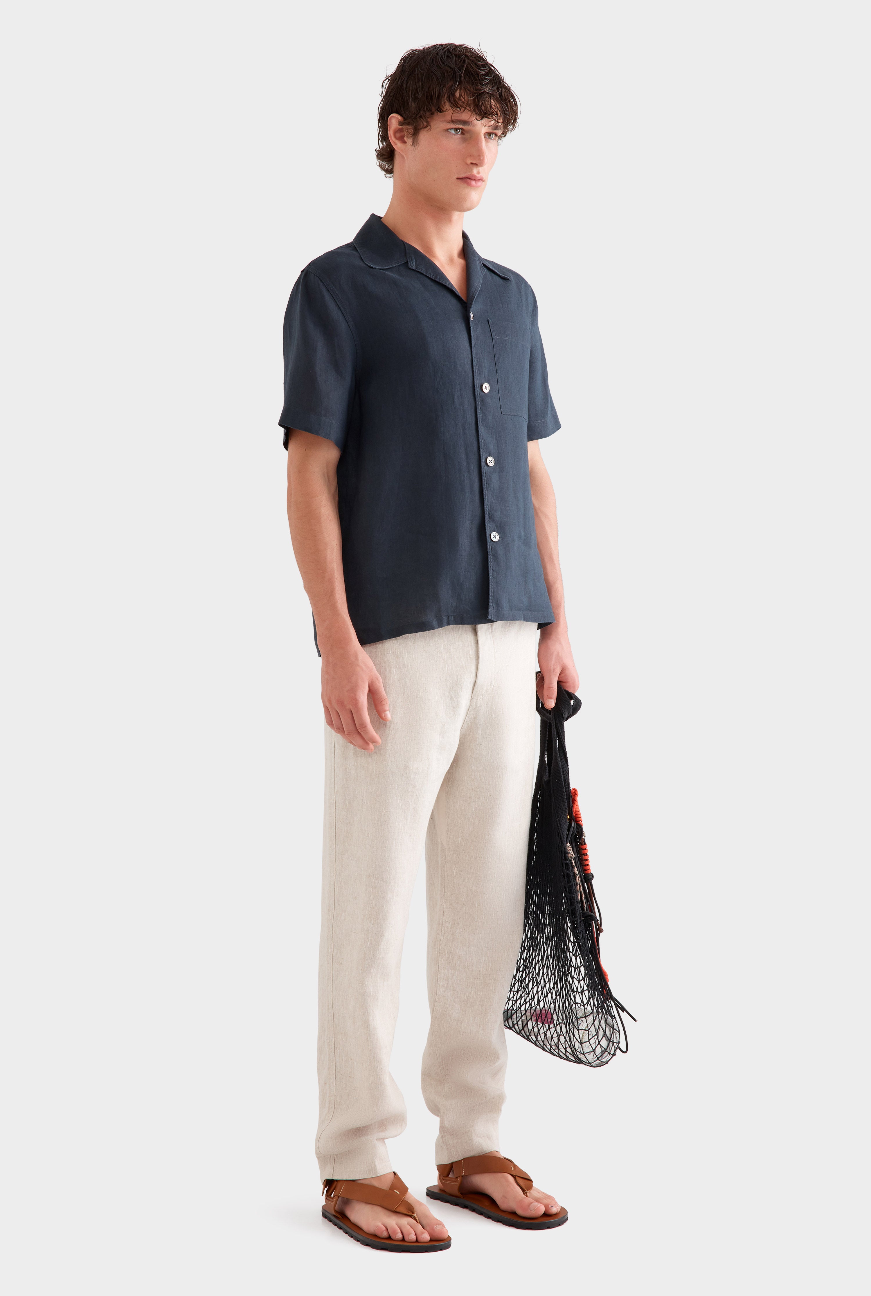 Short Sleeve Linen Camp Collar Shirt - Navy