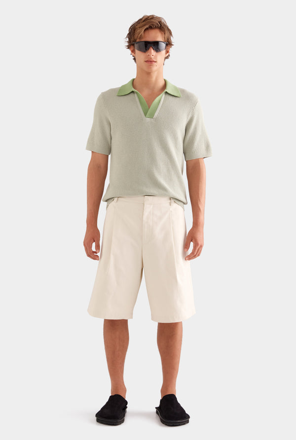 Cotton Canvas Pleated Bermuda Short - Cream