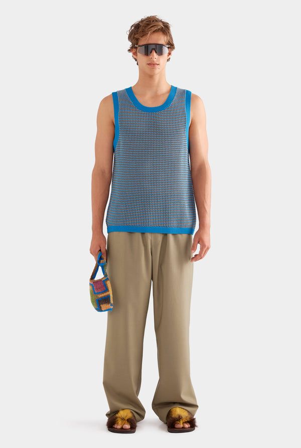 Cotton Crochet Tank - Bright Blue/Brown