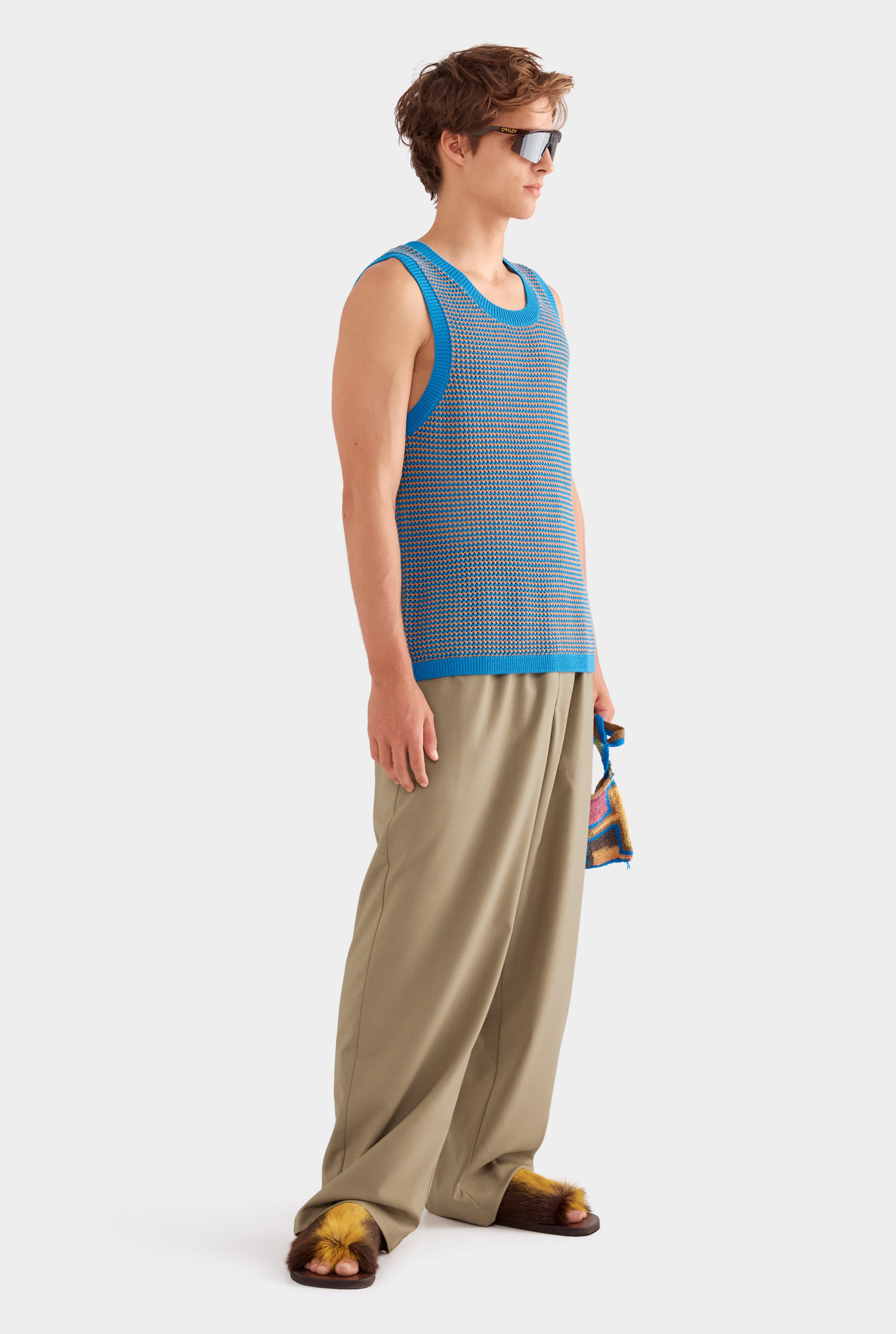 Cotton Crochet Tank - Bright Blue/Brown