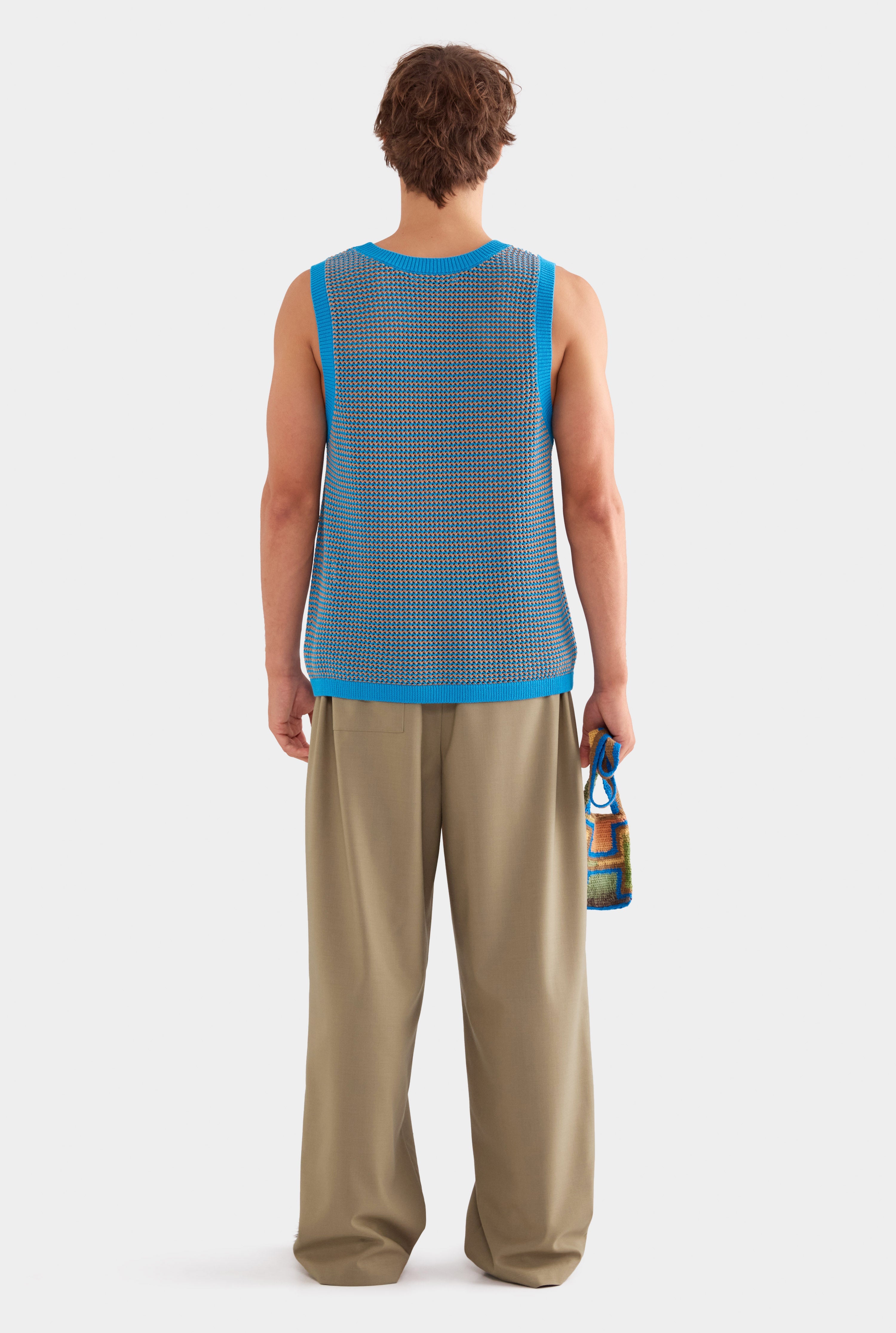 Cotton Crochet Tank - Bright Blue/Brown
