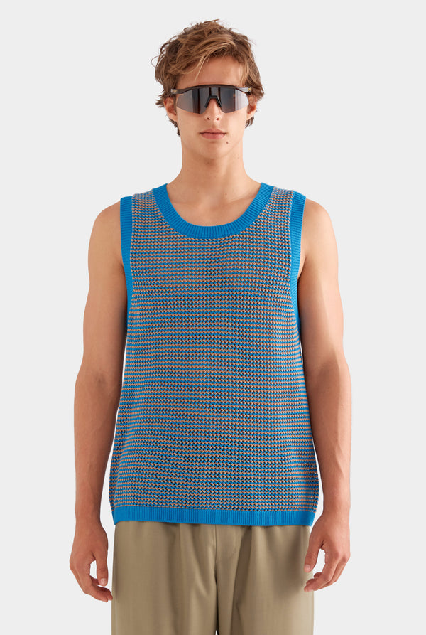 Cotton Crochet Tank - Bright Blue/Brown