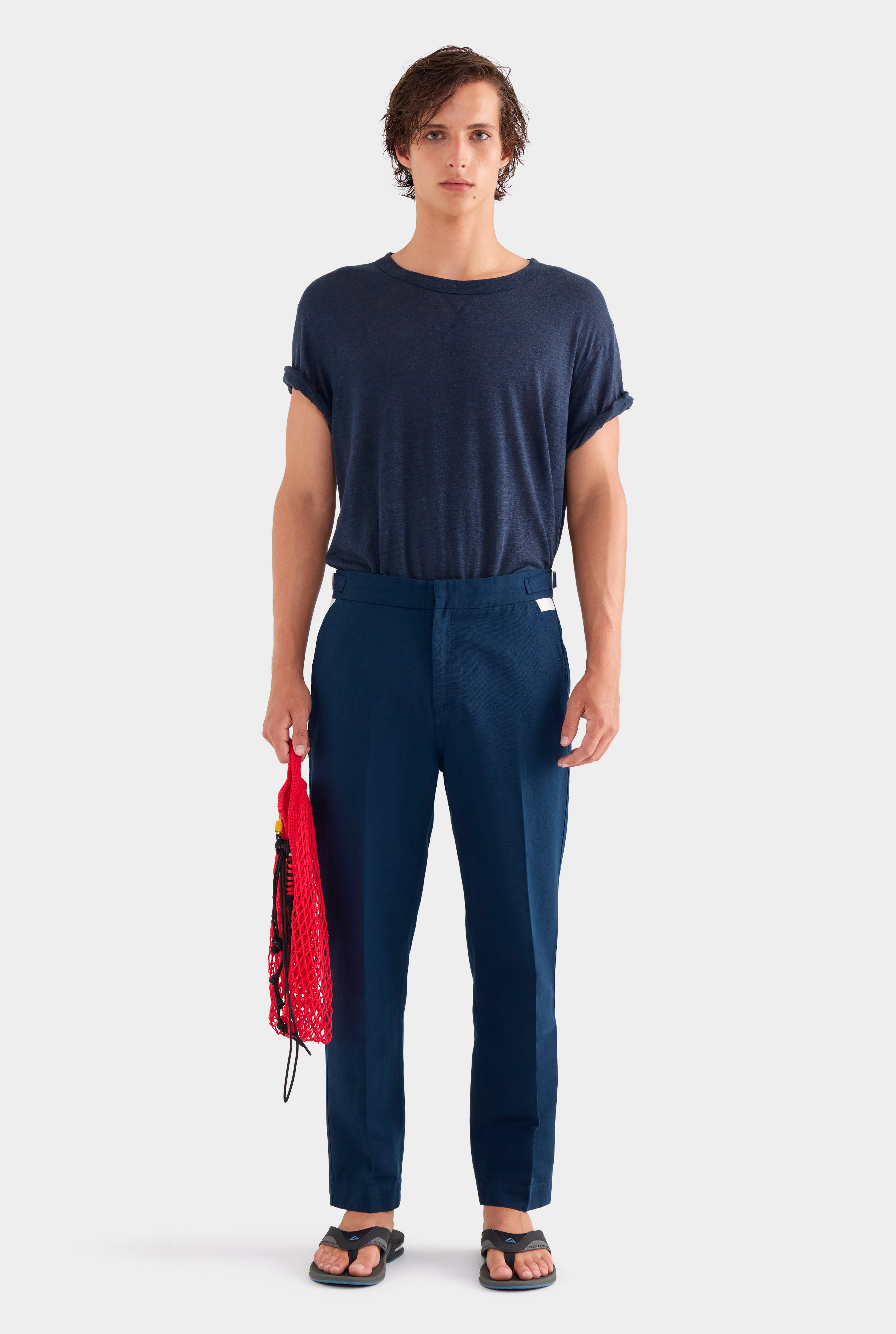 Cotton Linen Twill Side Tab Trouser - Navy/Natural Tape