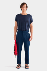 Cotton Linen Twill Side Tab Trouser - Navy/Natural Tape