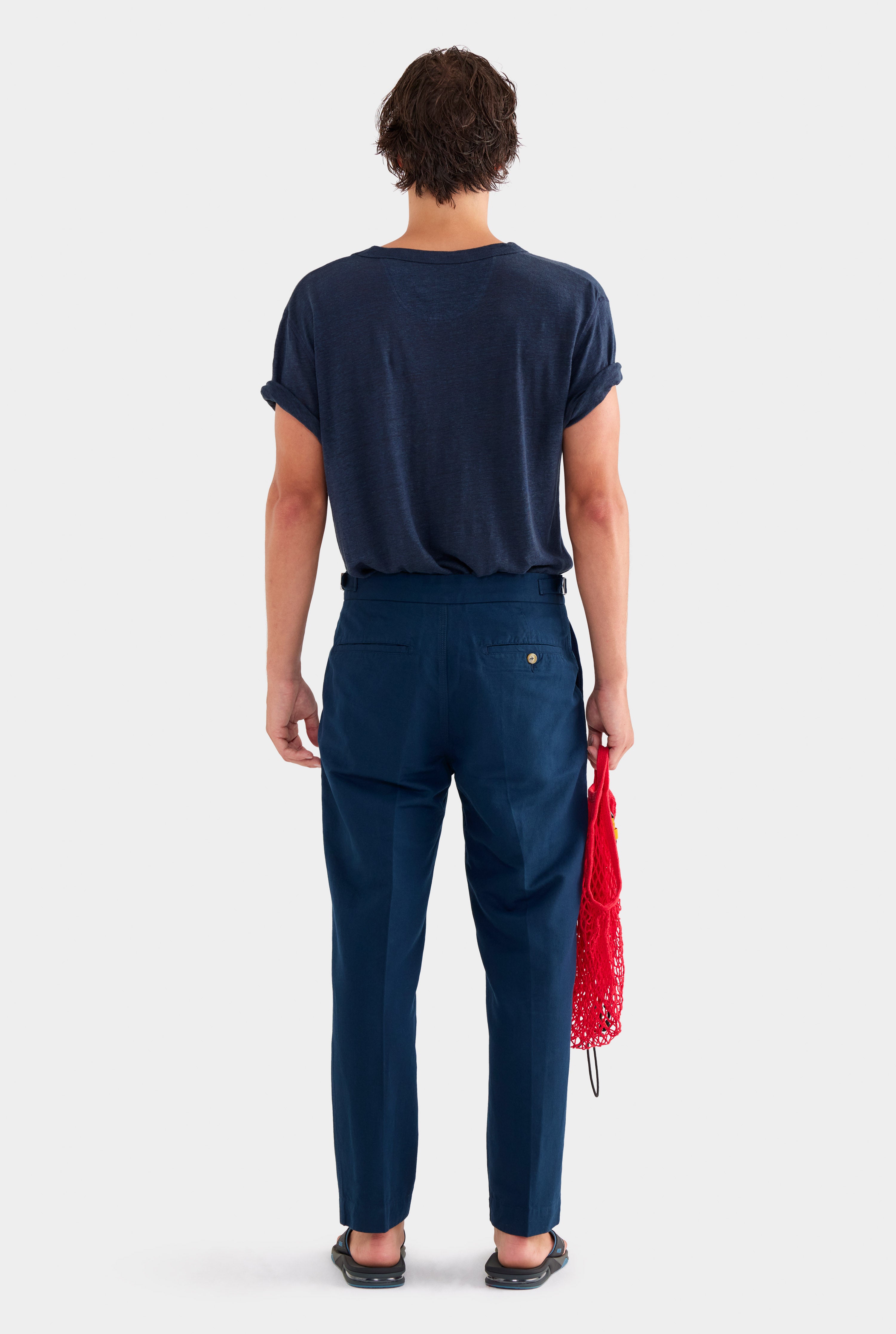 Cotton Linen Twill Side Tab Trouser - Navy/Natural Tape