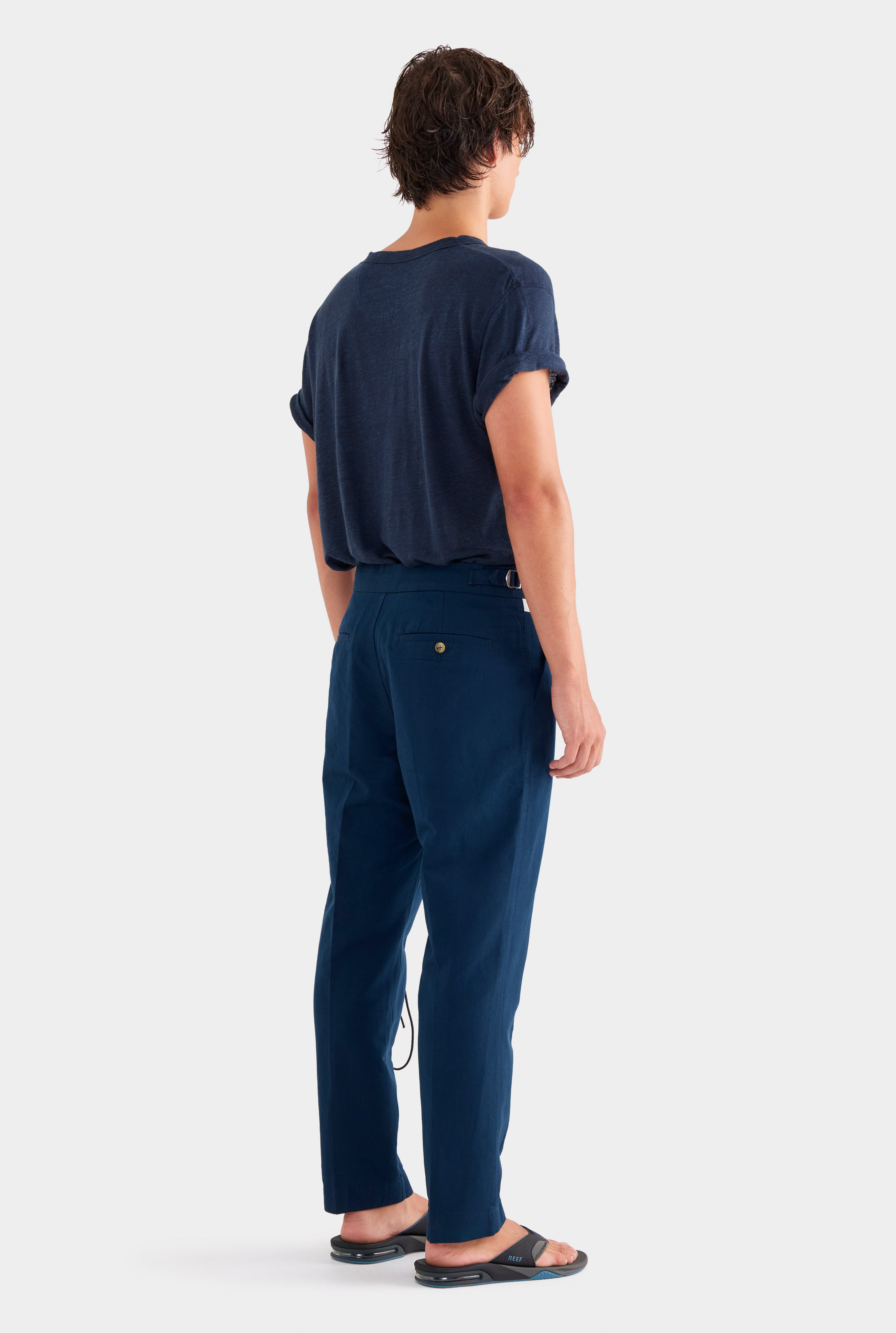 Cotton Linen Twill Side Tab Trouser - Navy/Natural Tape