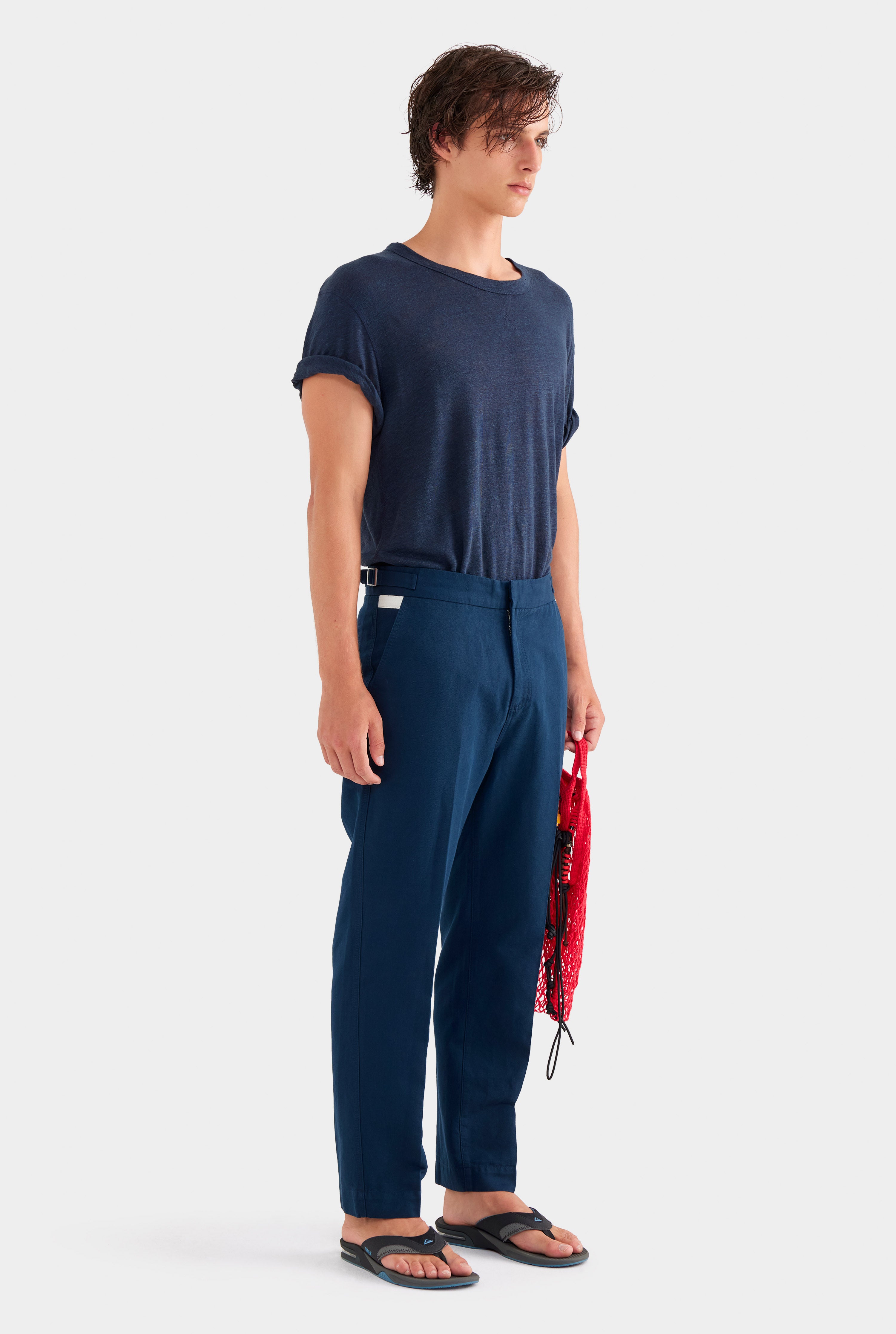 Cotton Linen Twill Side Tab Trouser - Navy/Natural Tape