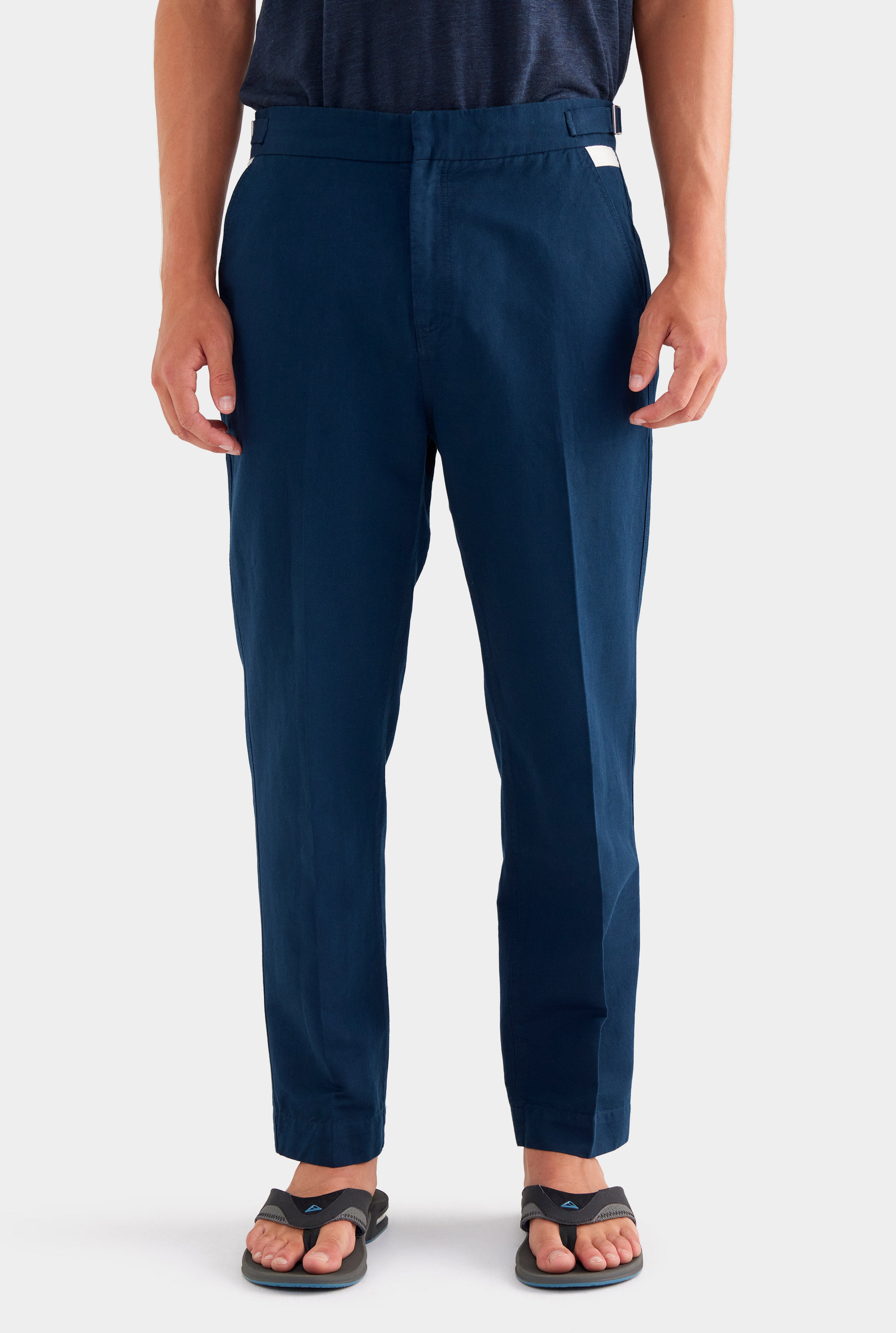 Cotton Linen Twill Side Tab Trouser - Navy/Natural Tape